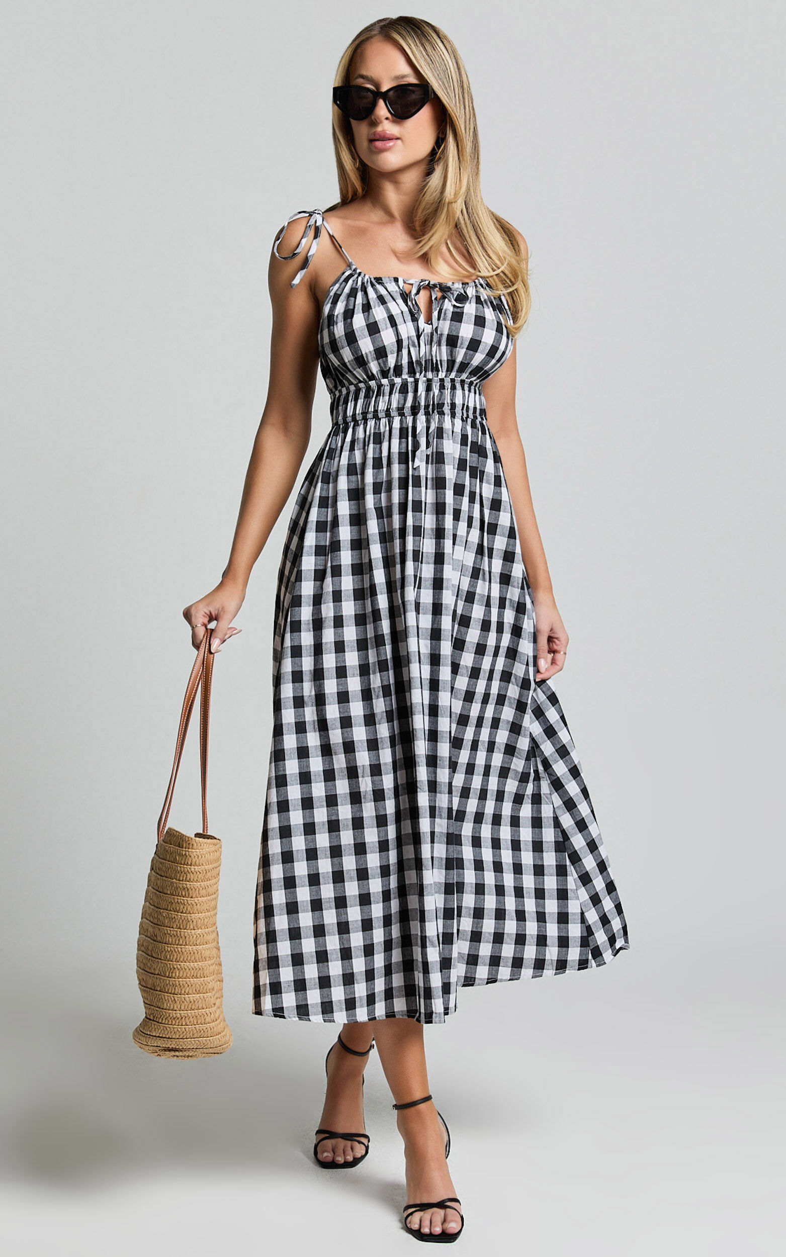 Vela Midi Dress - Strappy Tie Shoulder Elasticated Waist Dress in Black and White Gingham