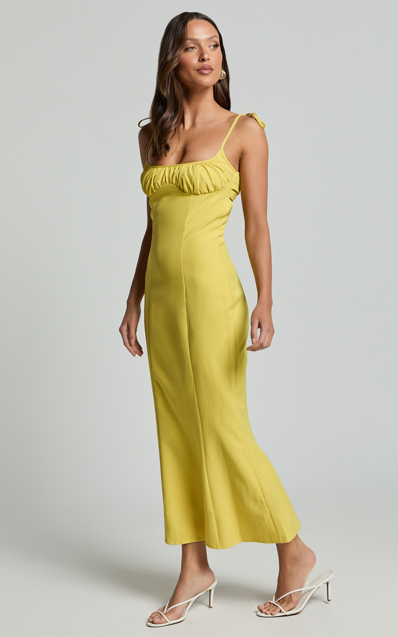 Karina Midi Dress - Ruched Bust Tie Shoulder Fit and Flare Dress in Lemon