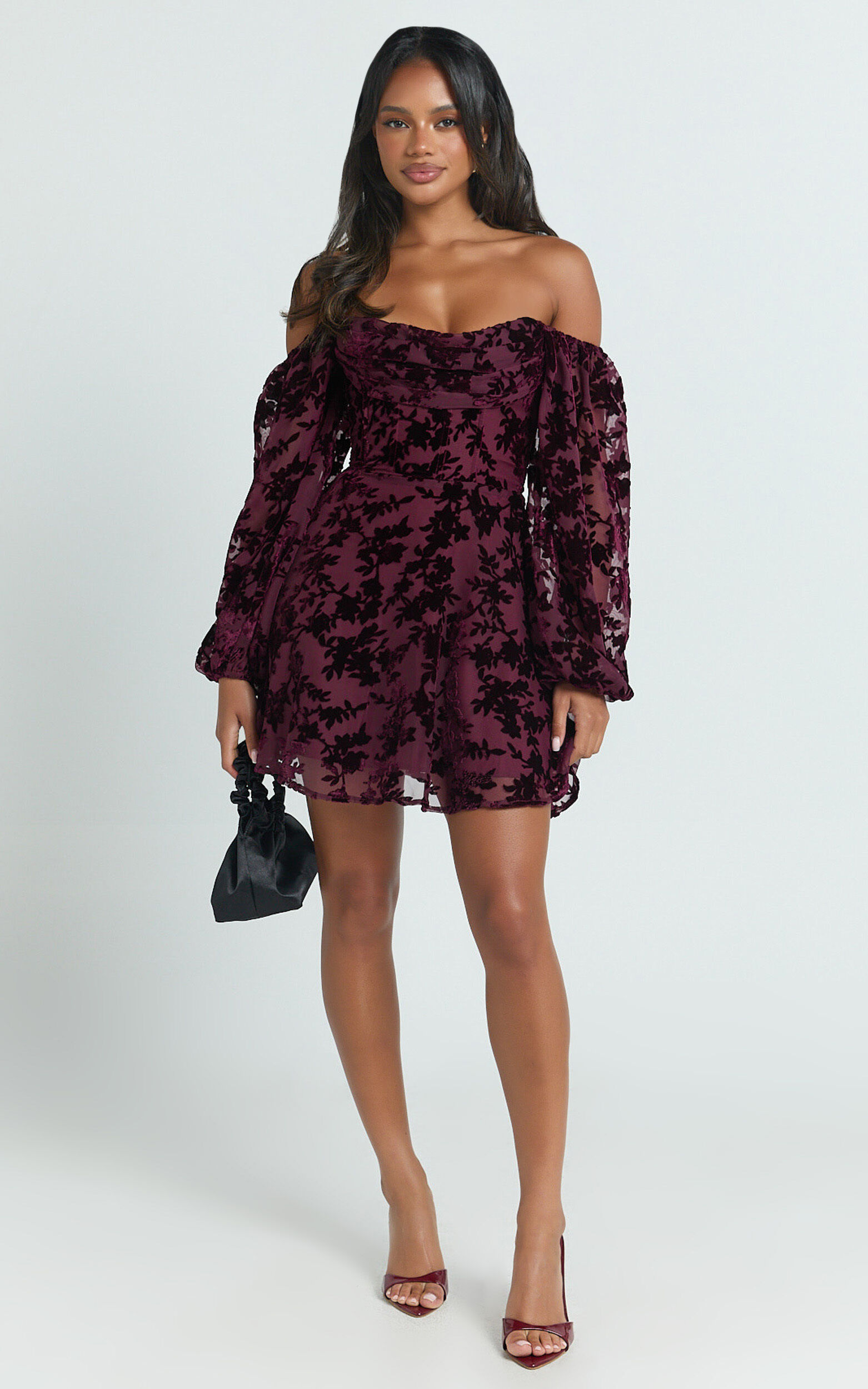Jessell Mini Dress - Long Sleeve Cowl Corset Dress in Wine Burnout