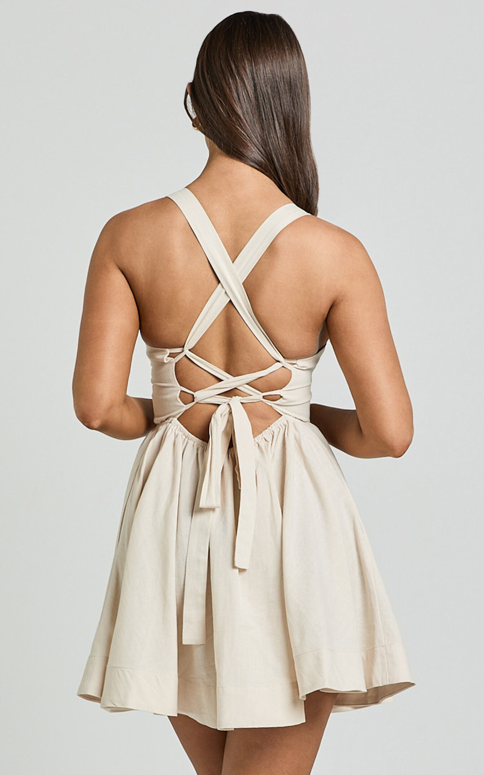 Cathryn Mini Dress - Cross Back Bustier Linen Look Blend Dress in Stone