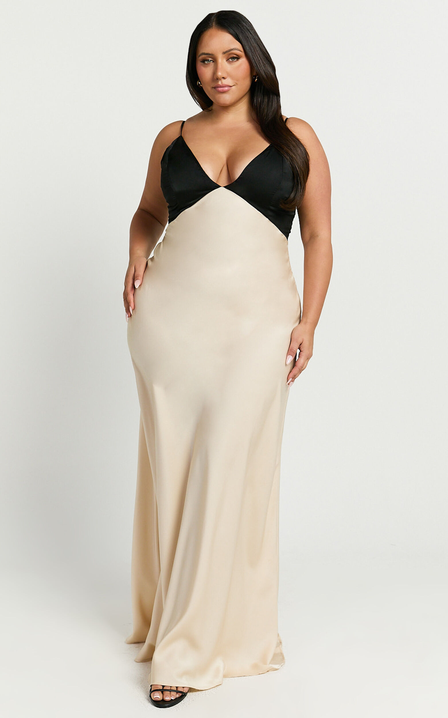 Quincy Maxi Dress - Satin Slip Dress in Black/Champagne