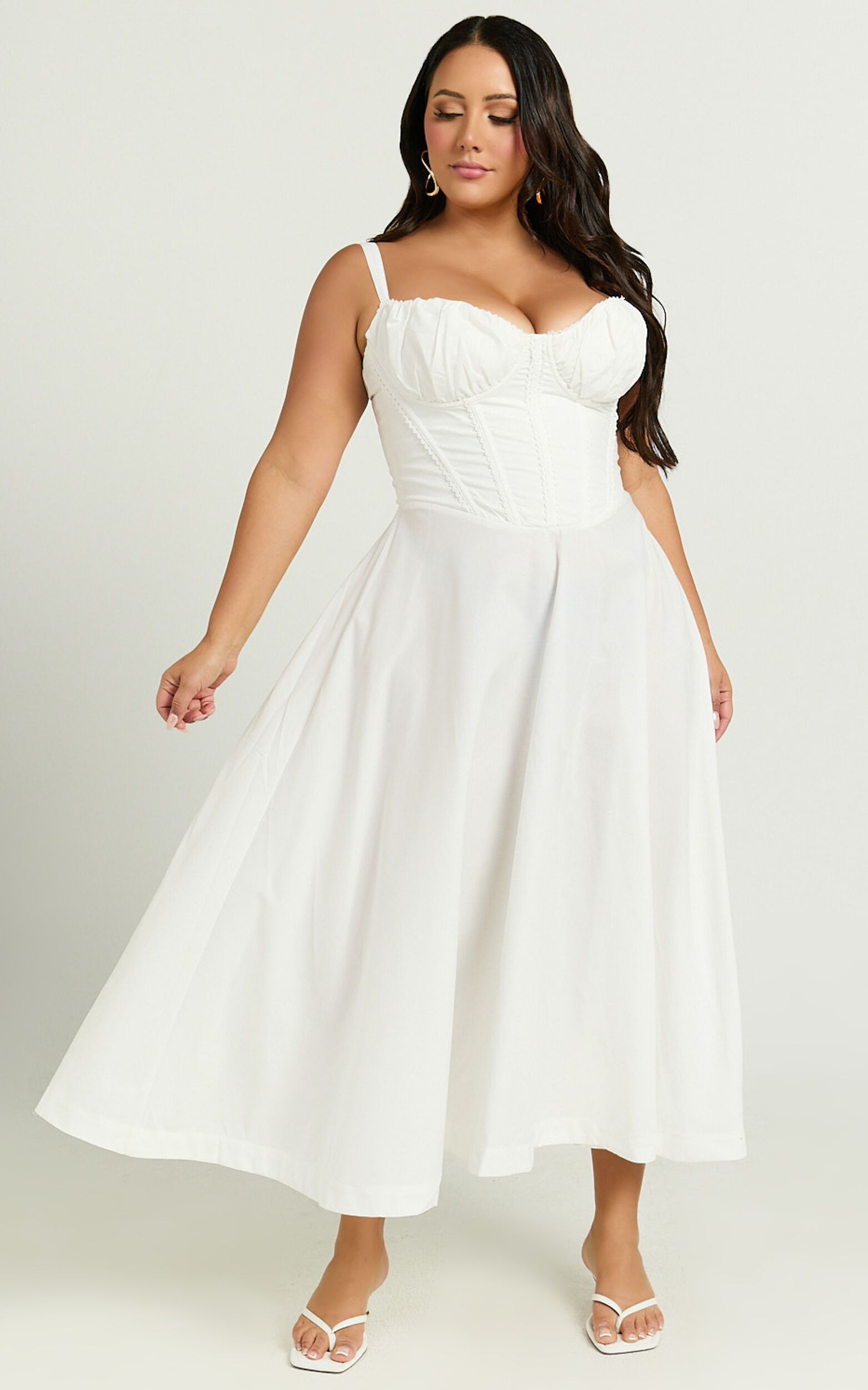 Jonas Midi Dress - Ruched Corset Lace Trim Dress in Ivory