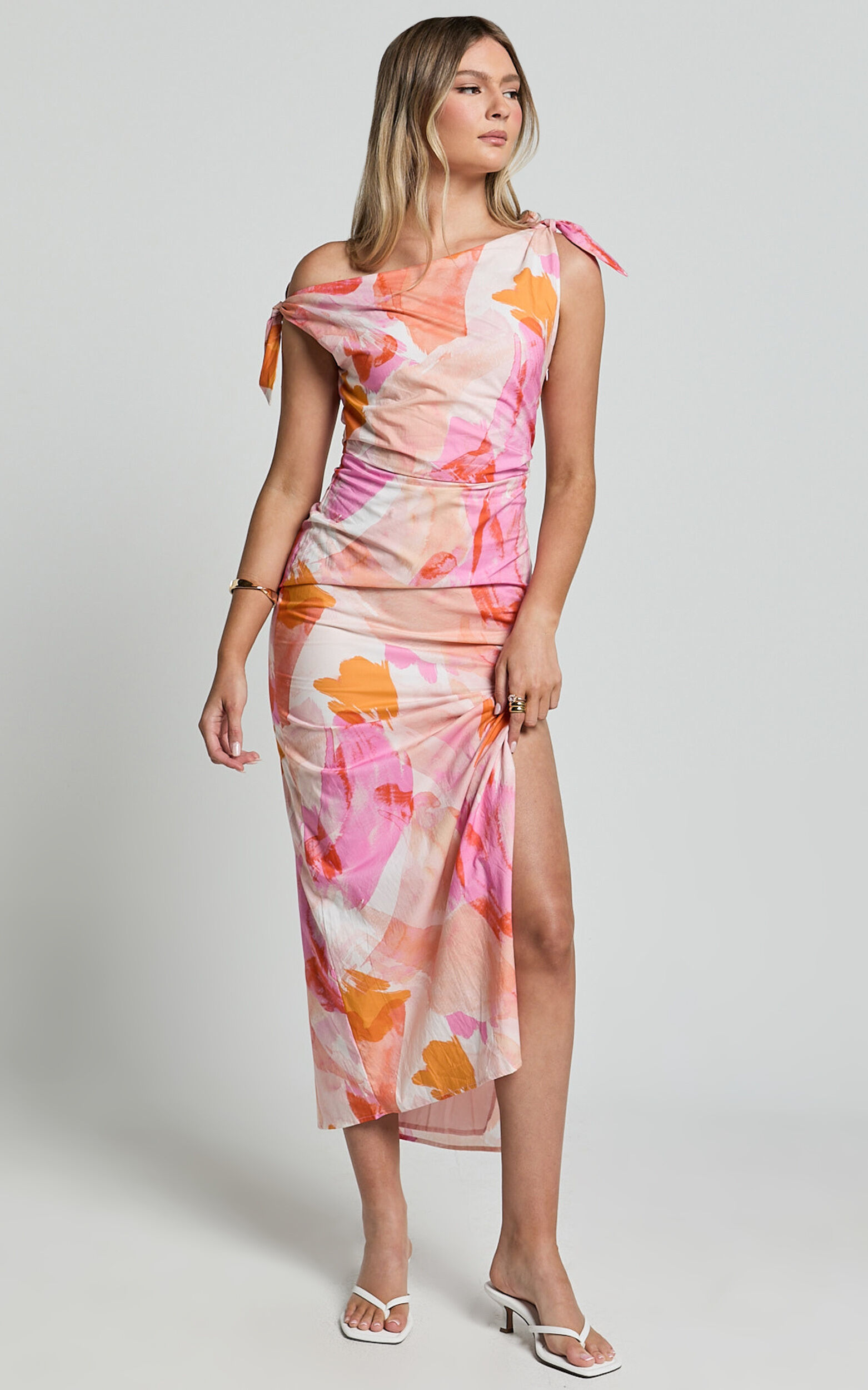 Cincinnati Midi Dress - Off The Shoulder Side Split Column Linen Look Dress in Pink Blur Floral
