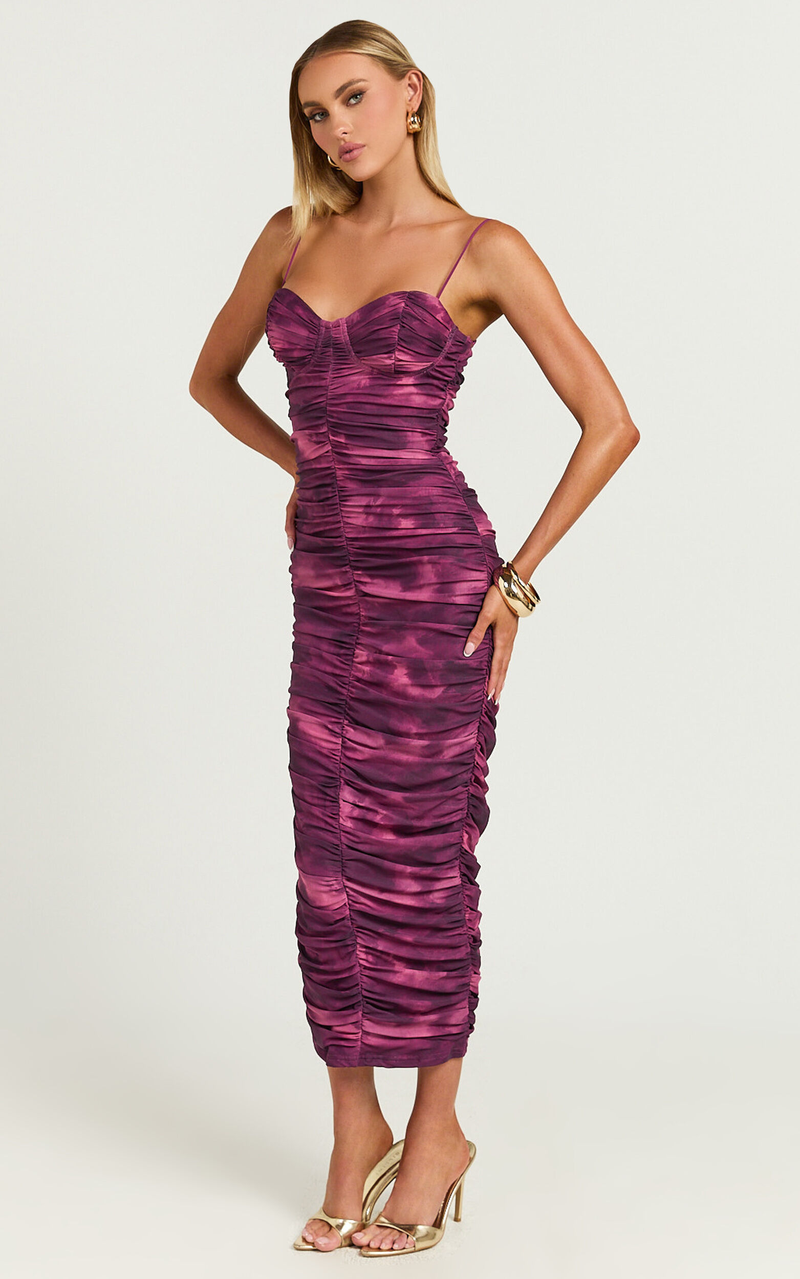 Leanor Midi Dress - Mesh Ruched Bustier Bodycon Dress in Purple Fields