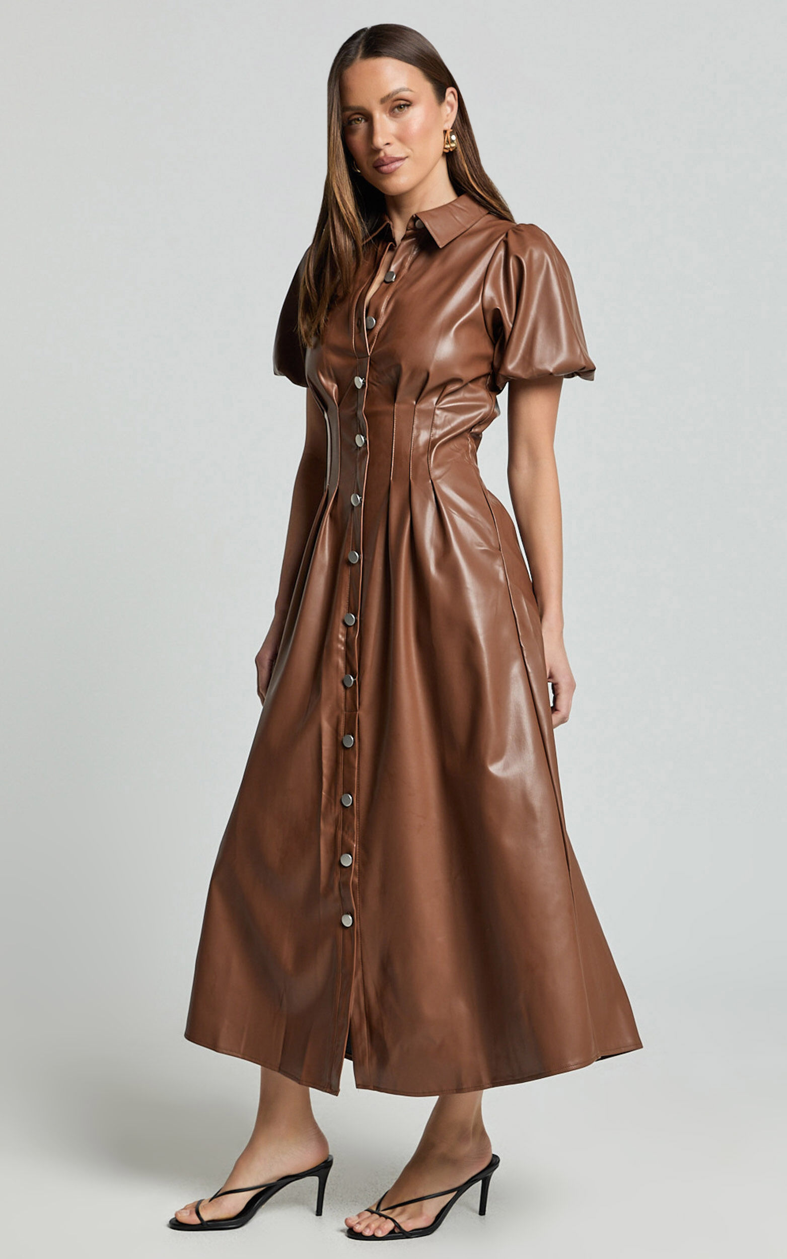 Ziva Midi Dress - Short Puff Sleeve Button Through Dress in Chocolate