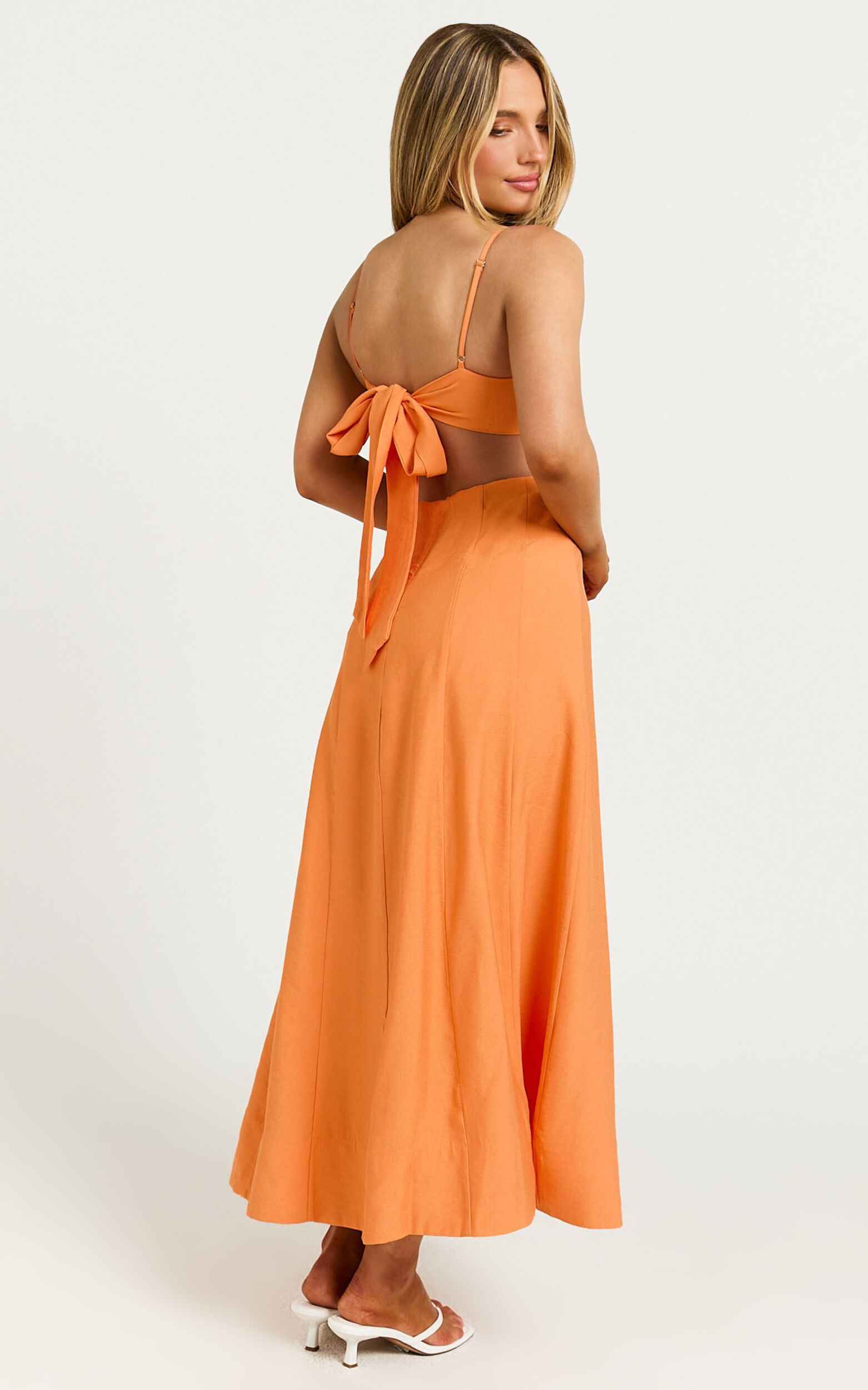 Amalie The Label - Ray Corset Panel Tie Back Midi Linen Dress in Orange