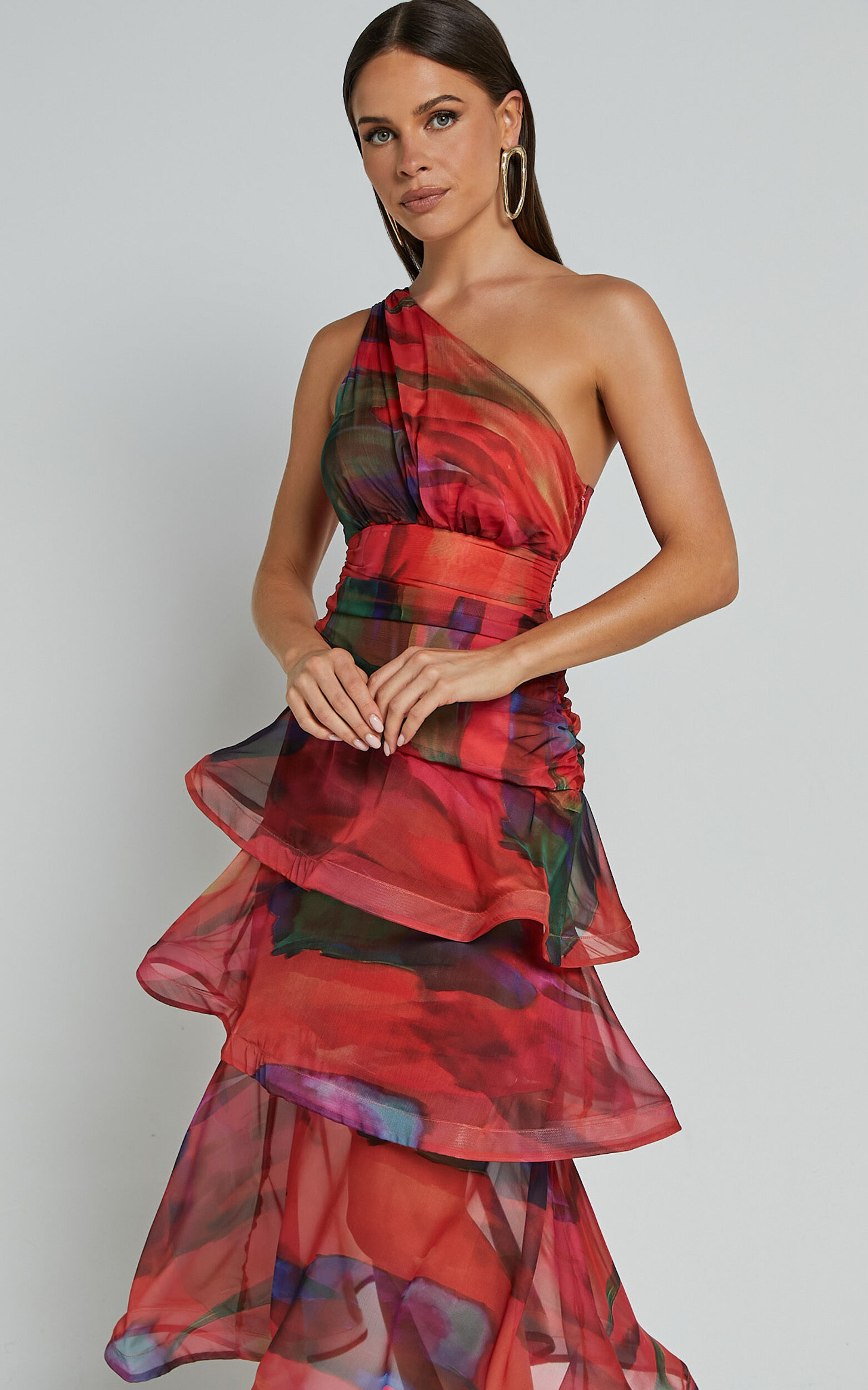 Chelsea Midi Dress - One Shoulder Tie Strap Layered Dress in Print