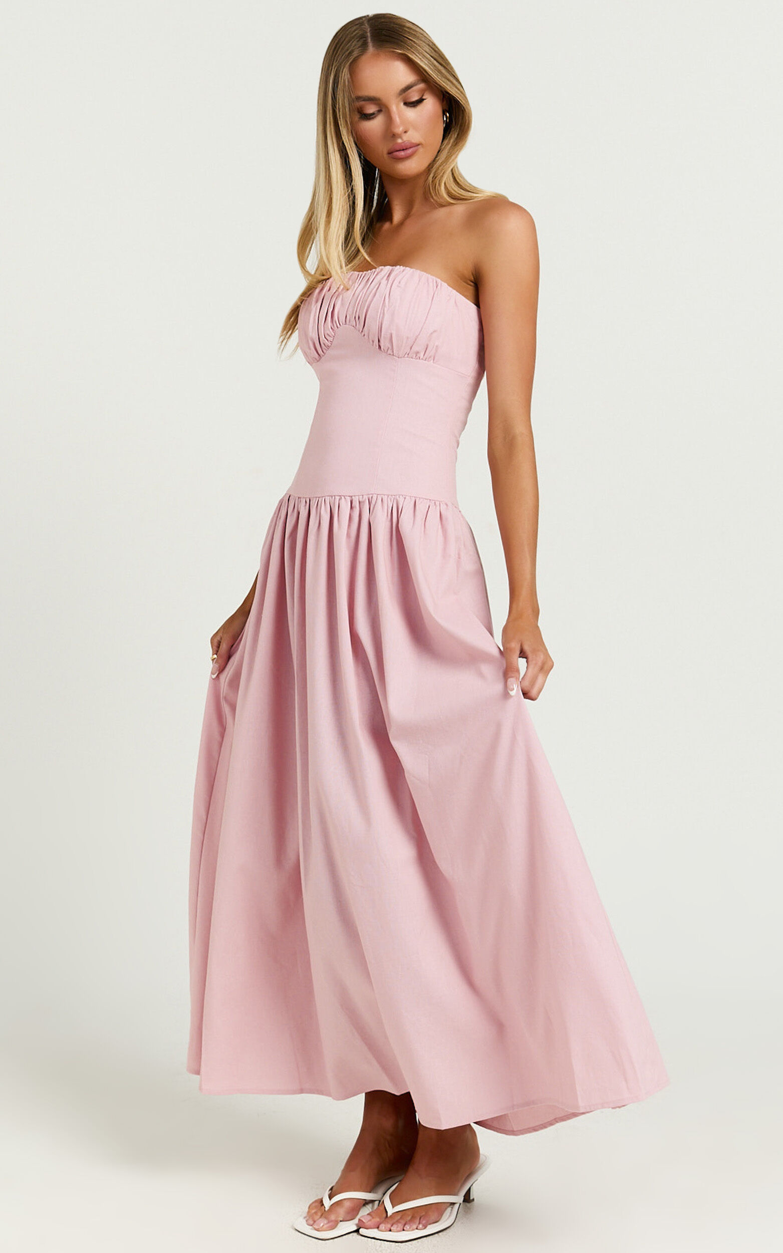 Jerah Midi Dress - Ruched Bust Full Skirt Dress in Pink