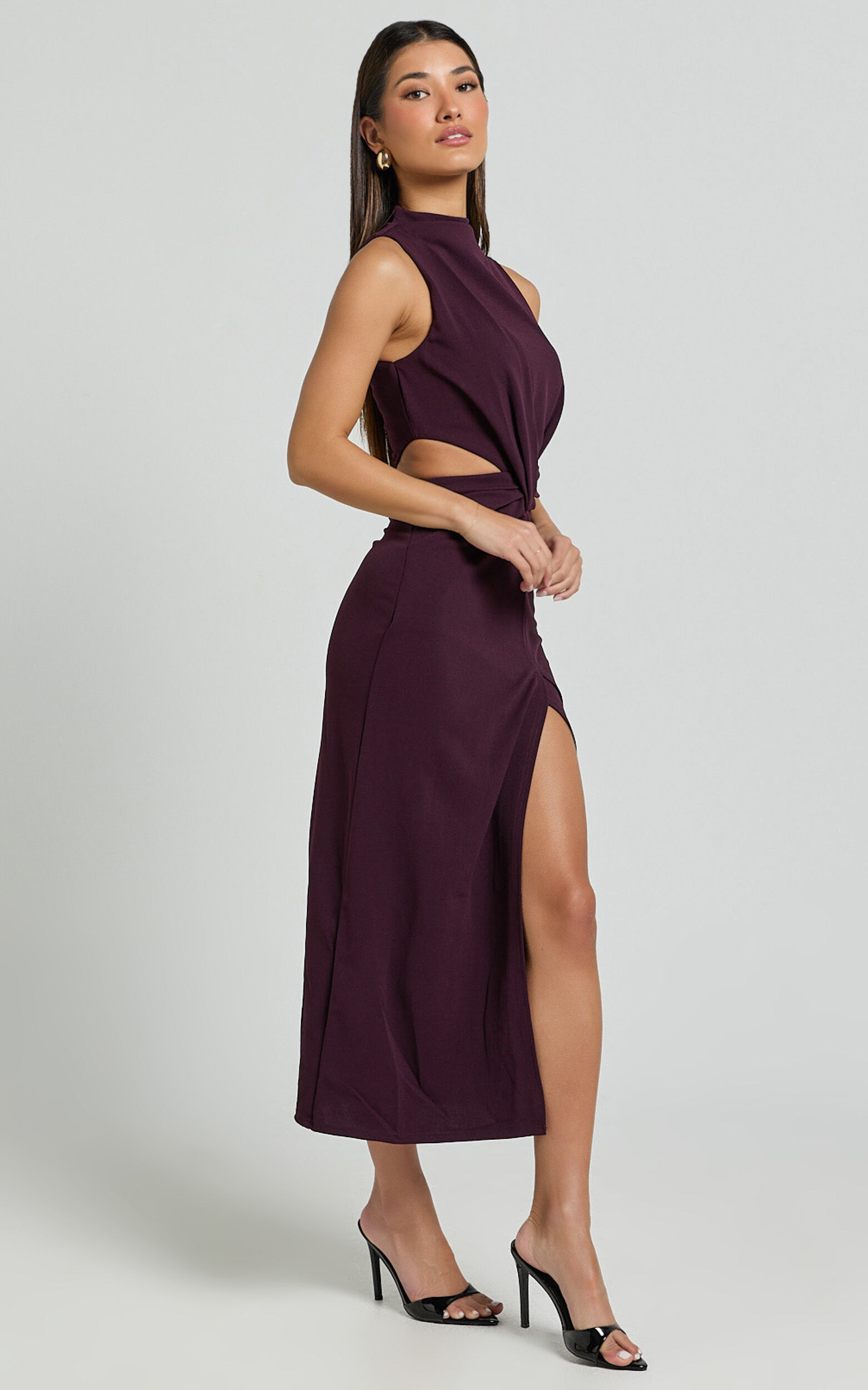 Millie Midi Dress - Front Twist Cut Out Thigh Split Dress in Wine