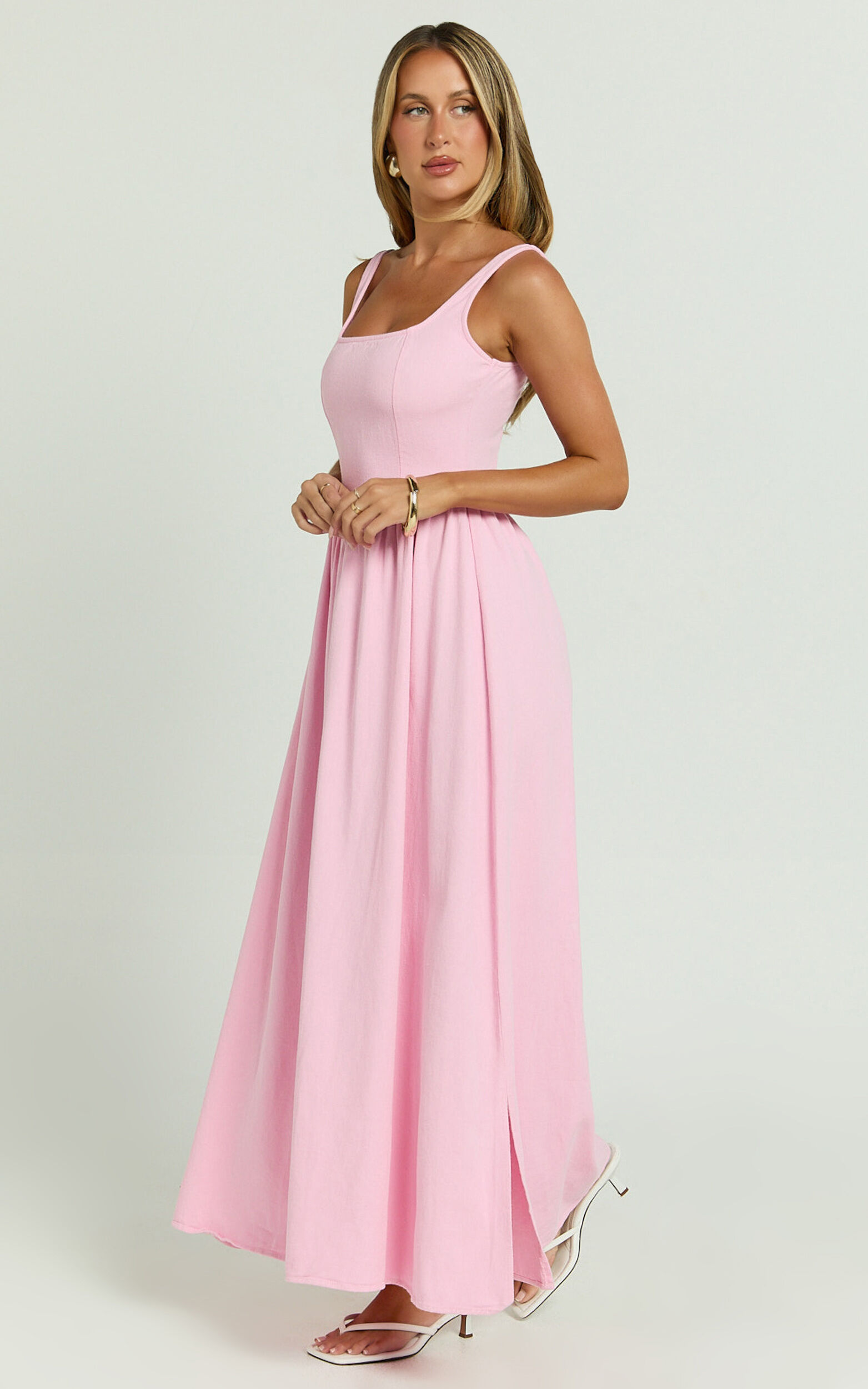 Rhaziya Midi Dress - Sleeveless Straight Neck Fit and Flare Dress in Pink