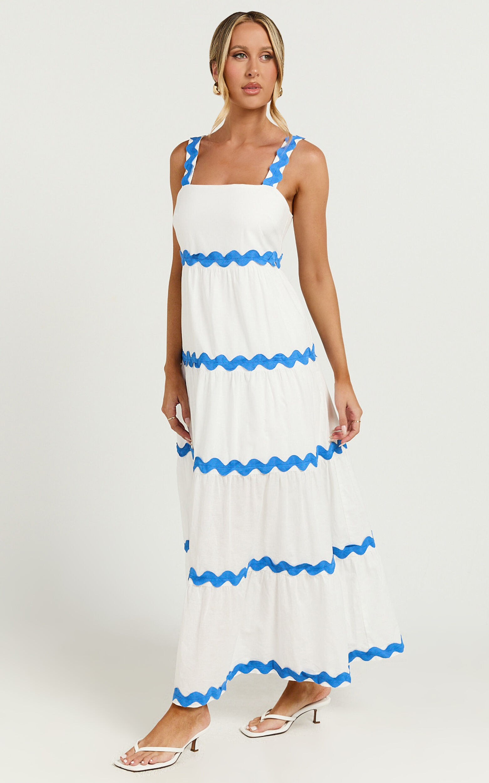 Brenda Midi Dress - Sleeveless Straight Neck Wave Detail A Line Dress in White