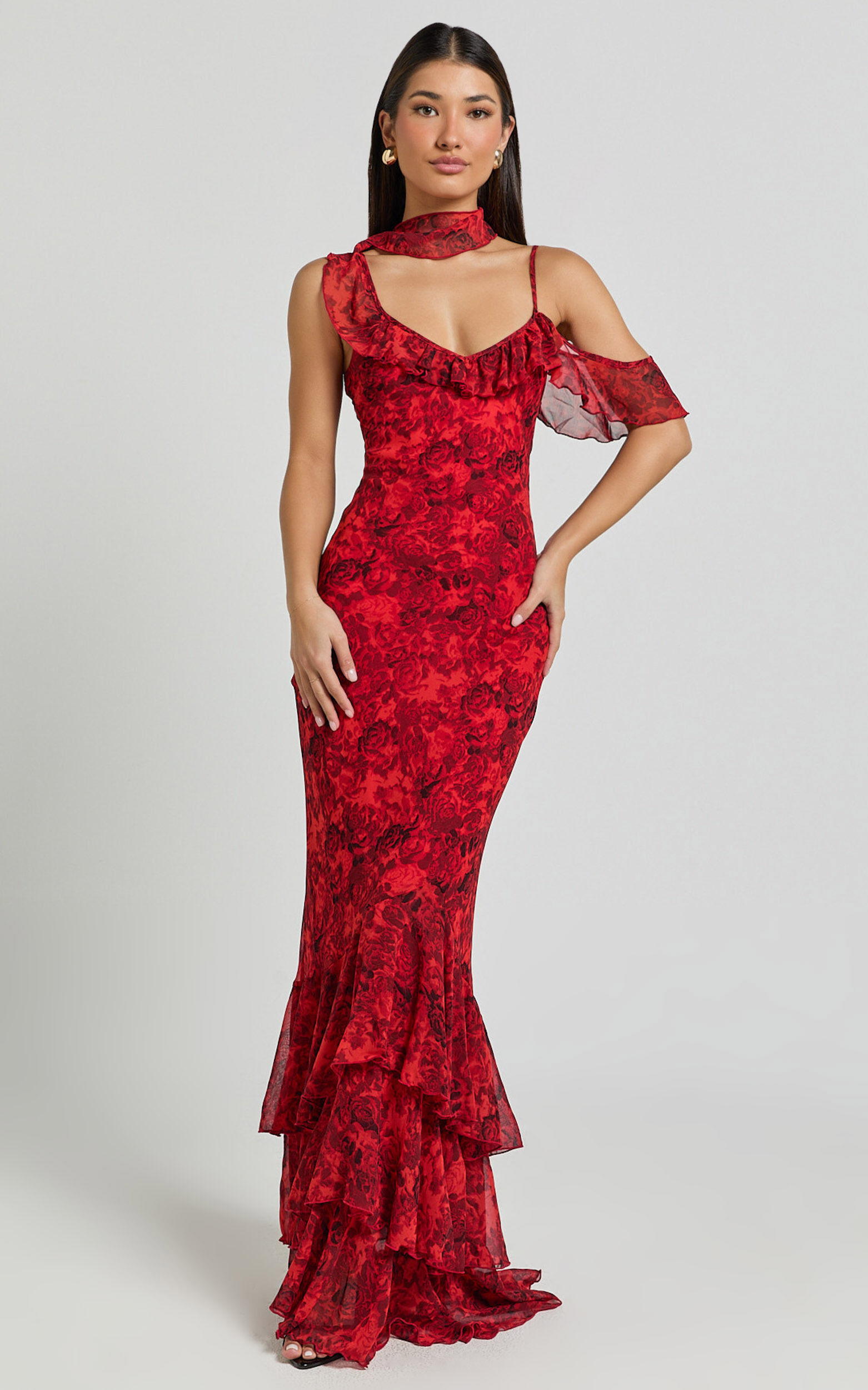 Riley Maxi Dress - Asymmetric Ruffle Detail Maxi Dress in Red Rose Print