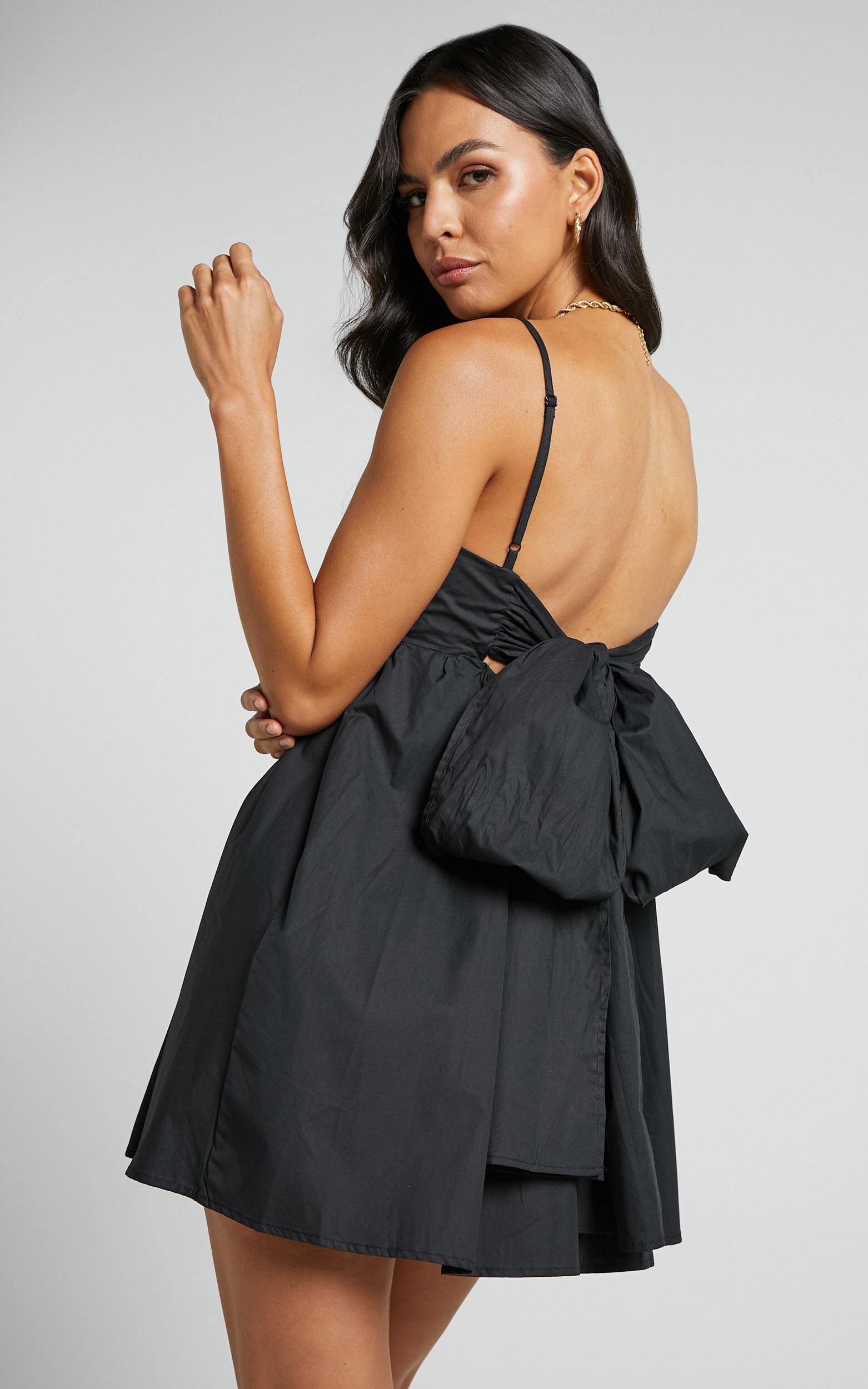 Clover Mini Dress - Back Bow Babydoll Dress in Black
