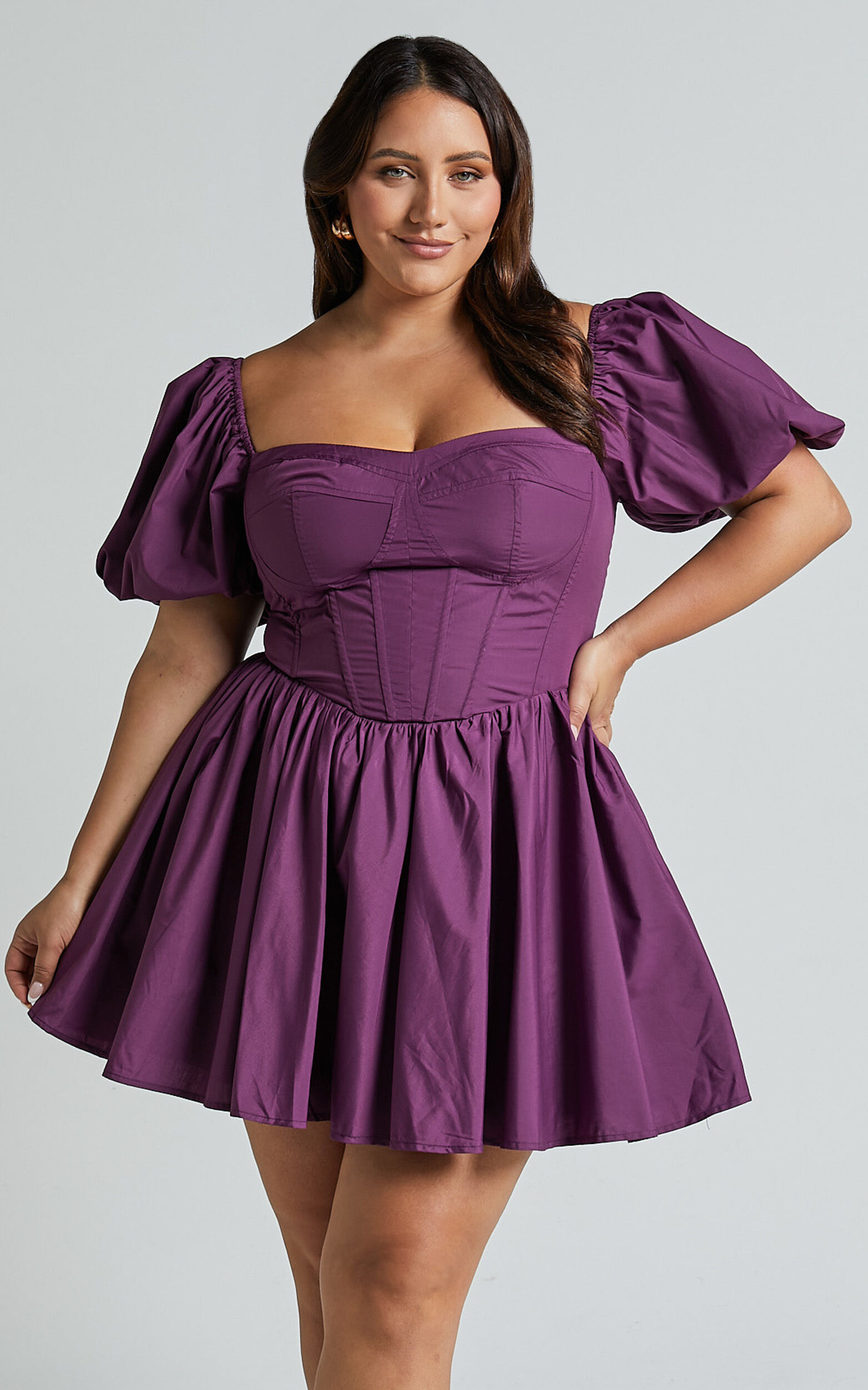 Souza Mini Dress - Fit and Flare Puff Sleeve Corset Dress in Dark Amethyst
