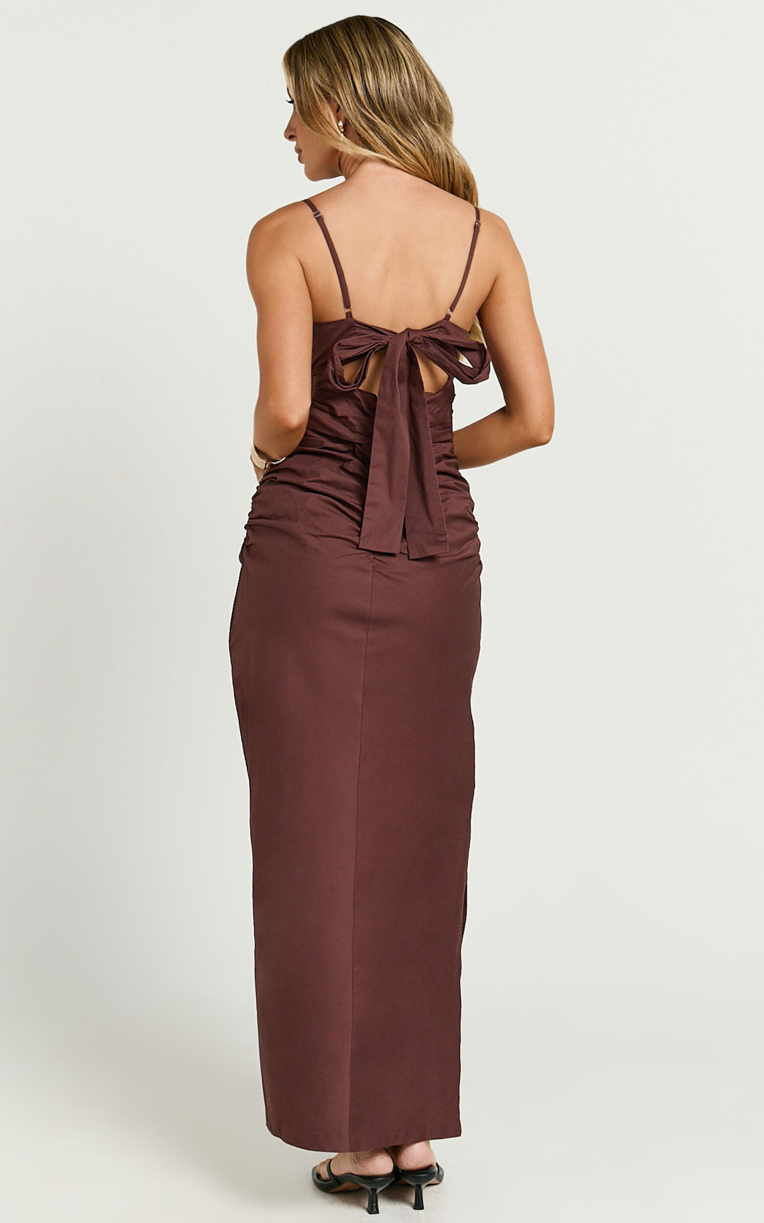 Nicoletta Midi Dress - Sweetheart Back Tie Gathered Dress in Chocolate