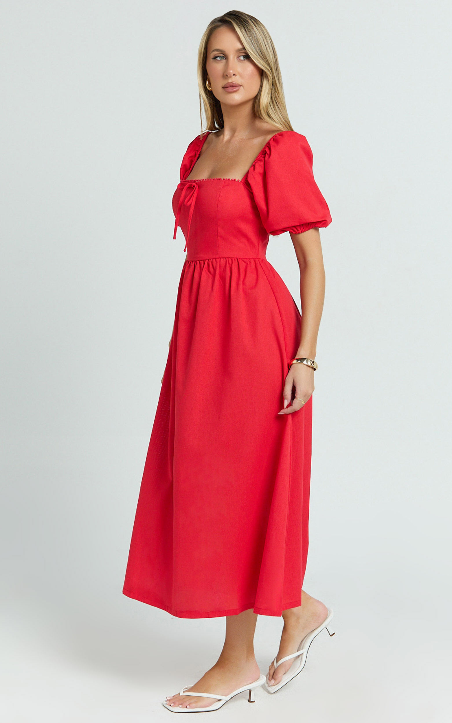 Quinn Midi Linen Dress - Puff Sleeve Square Neck Dress in Red