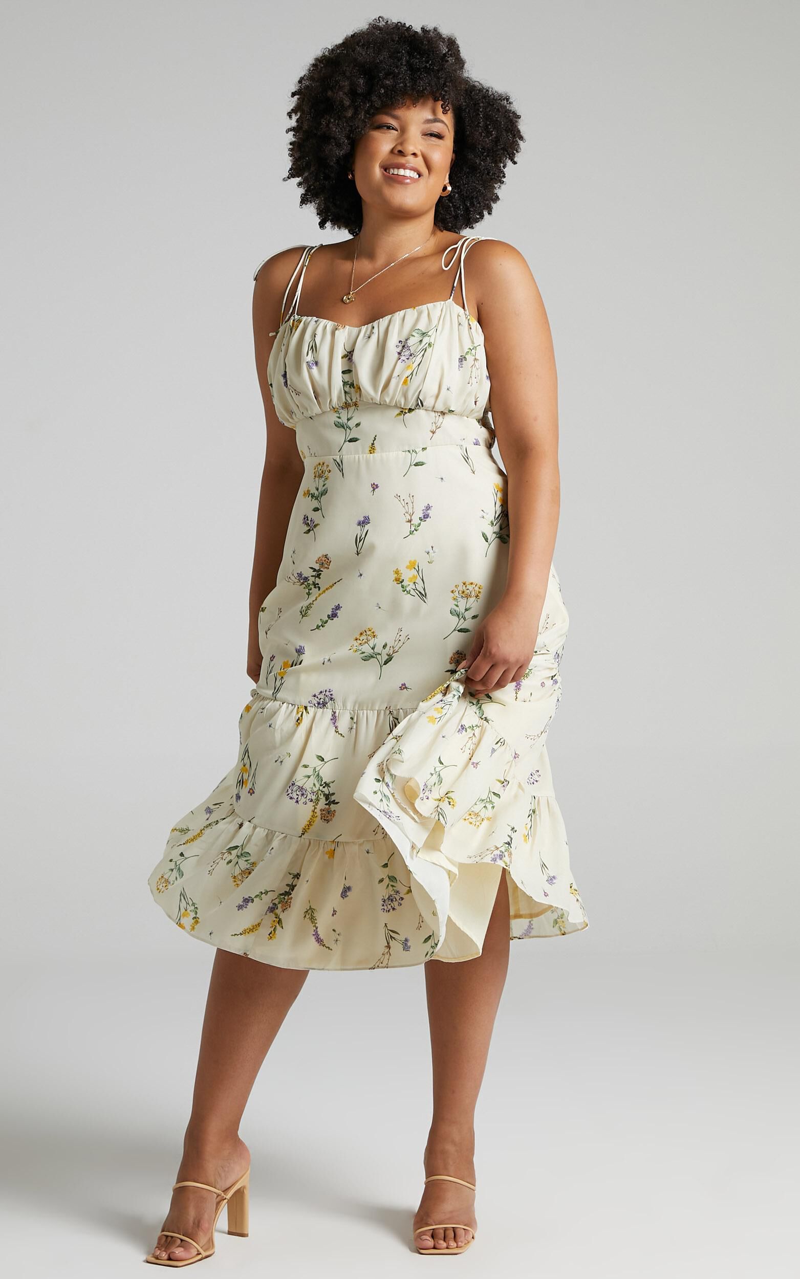 Monaco Midi Dress - Strappy Sweetheart Tiered Dress in Botanical floral