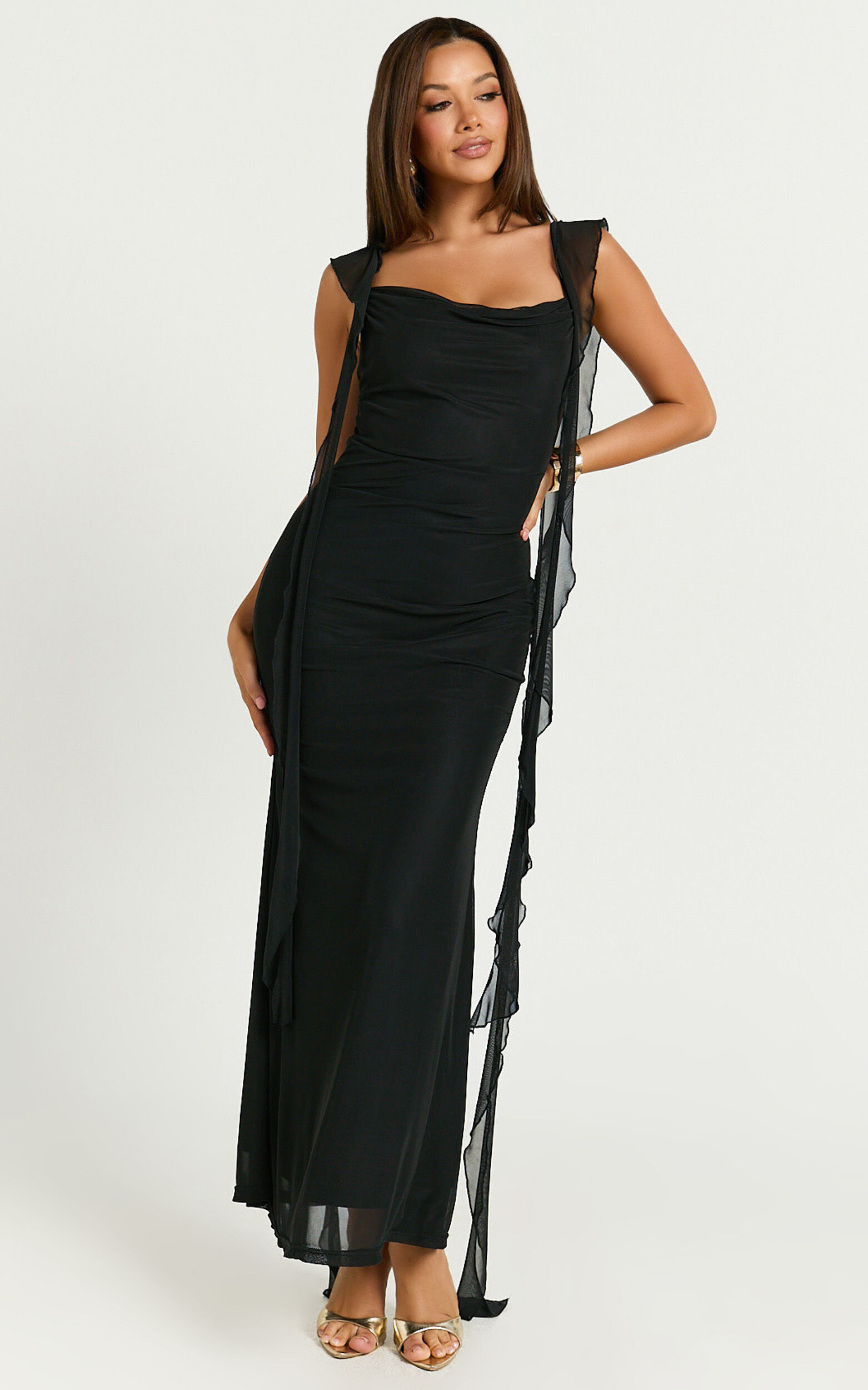 Rosha Maxi Dress - Ruffle Strap Dress in Black