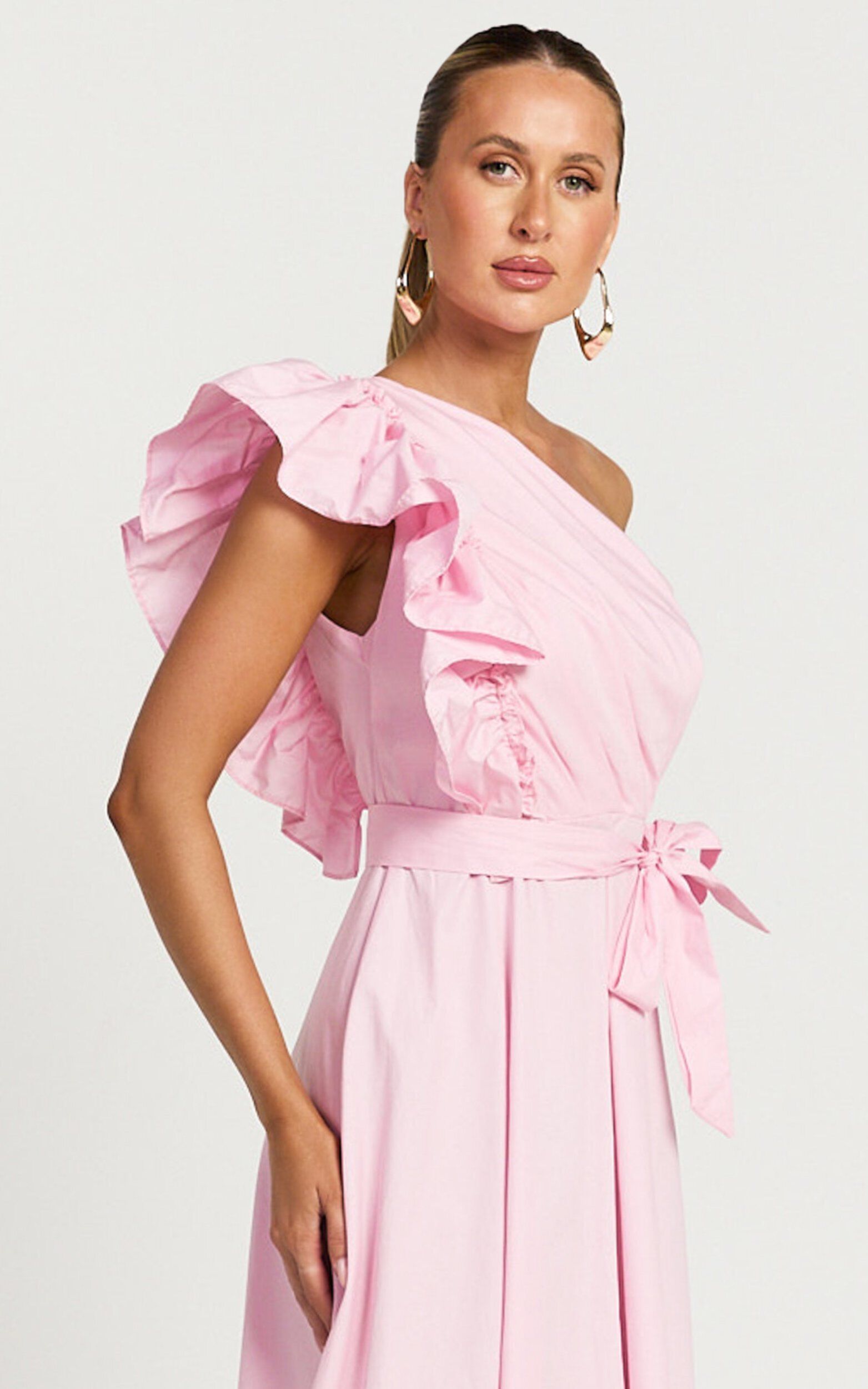 Almeida Midi Dress - One Shoulder Ruffle Detail Belted Dress in Pink
