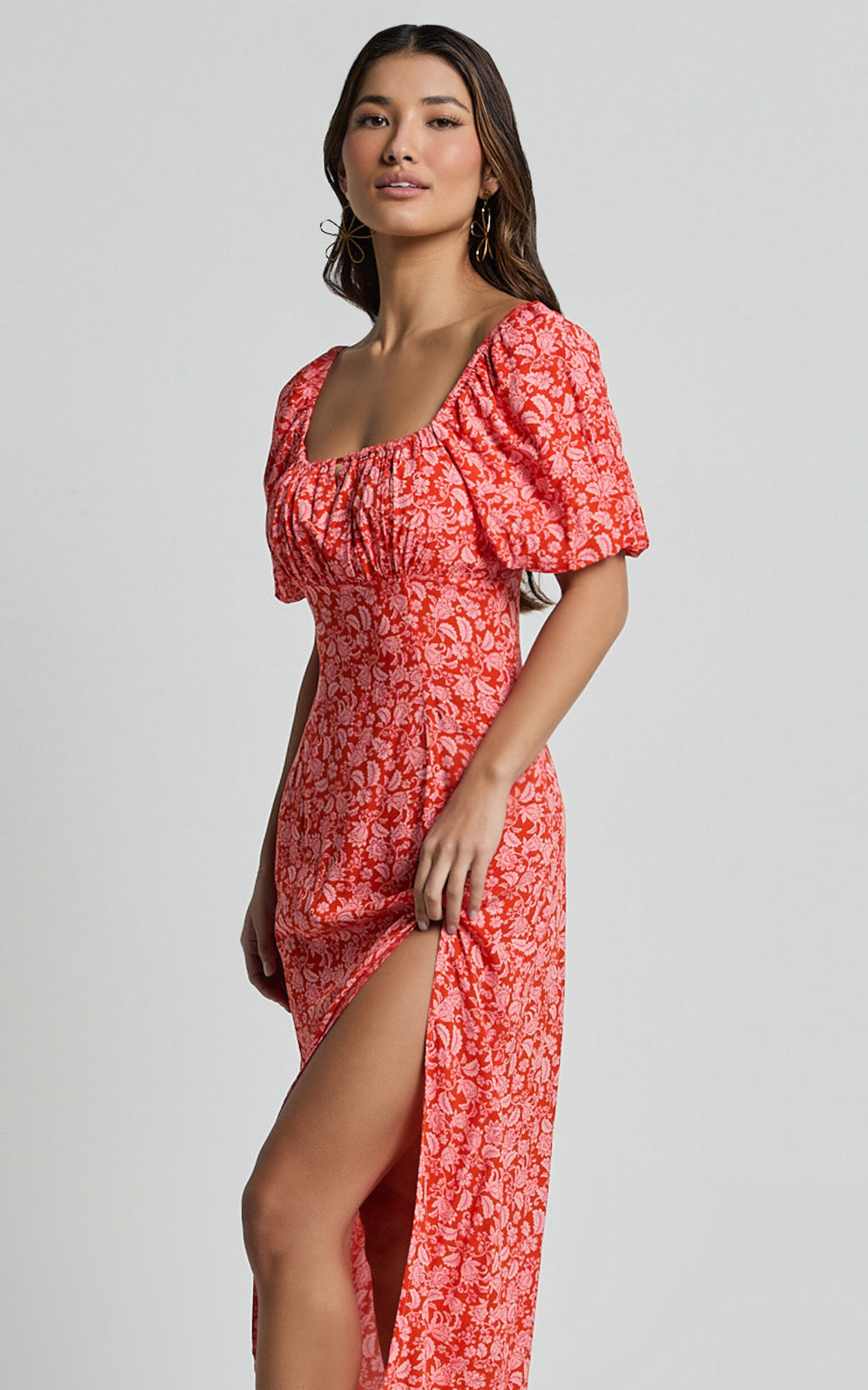 Caitlin Midi Dress - Puff Sleeve Thigh Split Dress in Orange