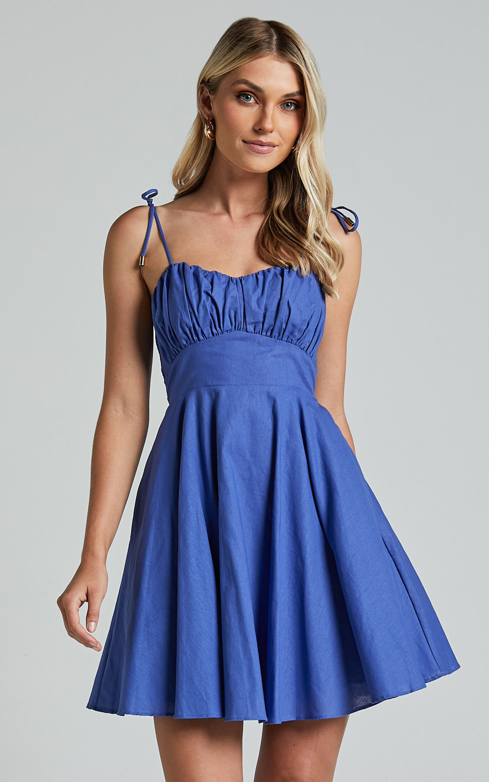 Leuven Mini Dress - Linen Look Empire Waist Dress in Blue