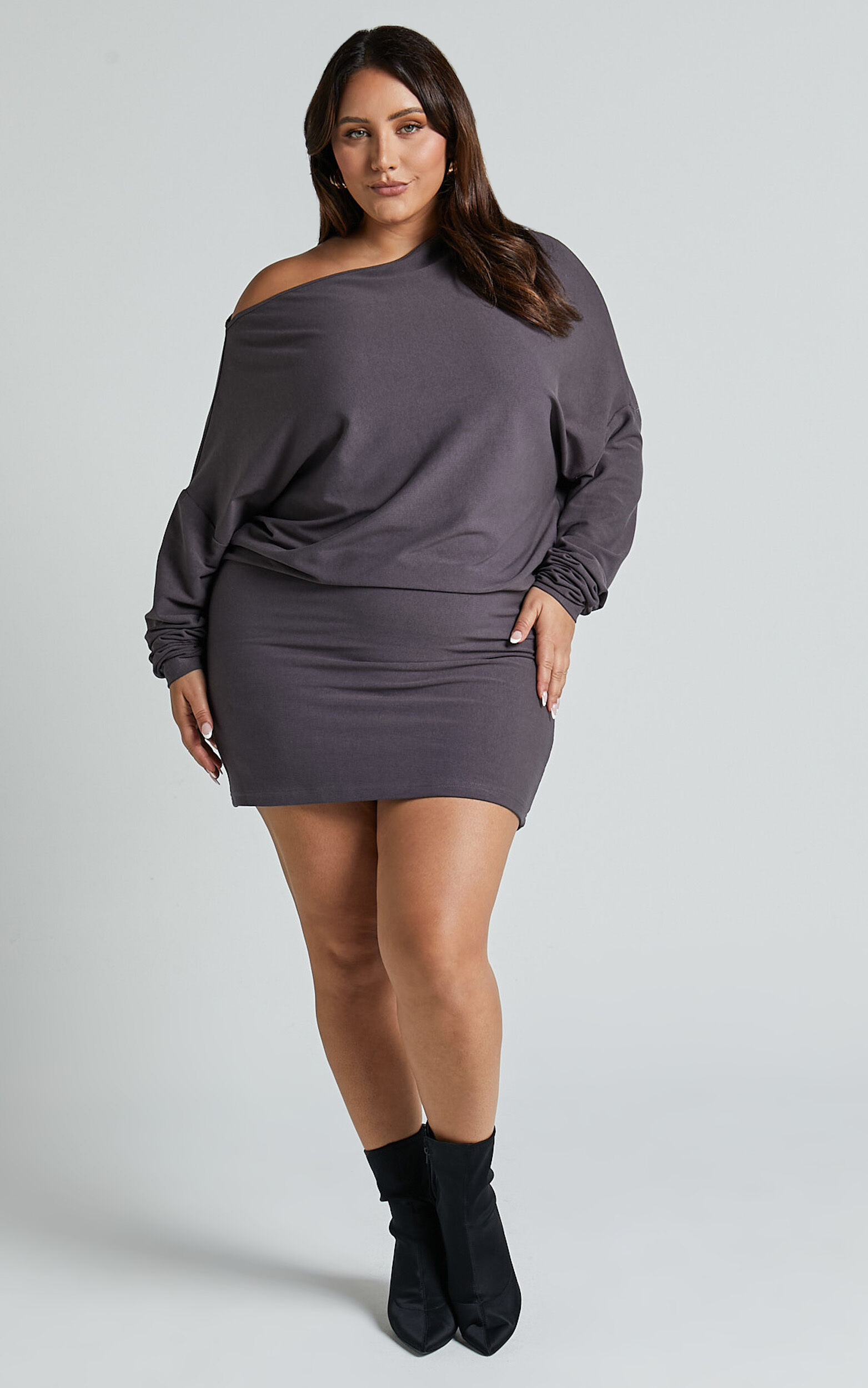 Fermina Mini Dress - Long Sleeve Bodycon Dress in Charcoal Rib