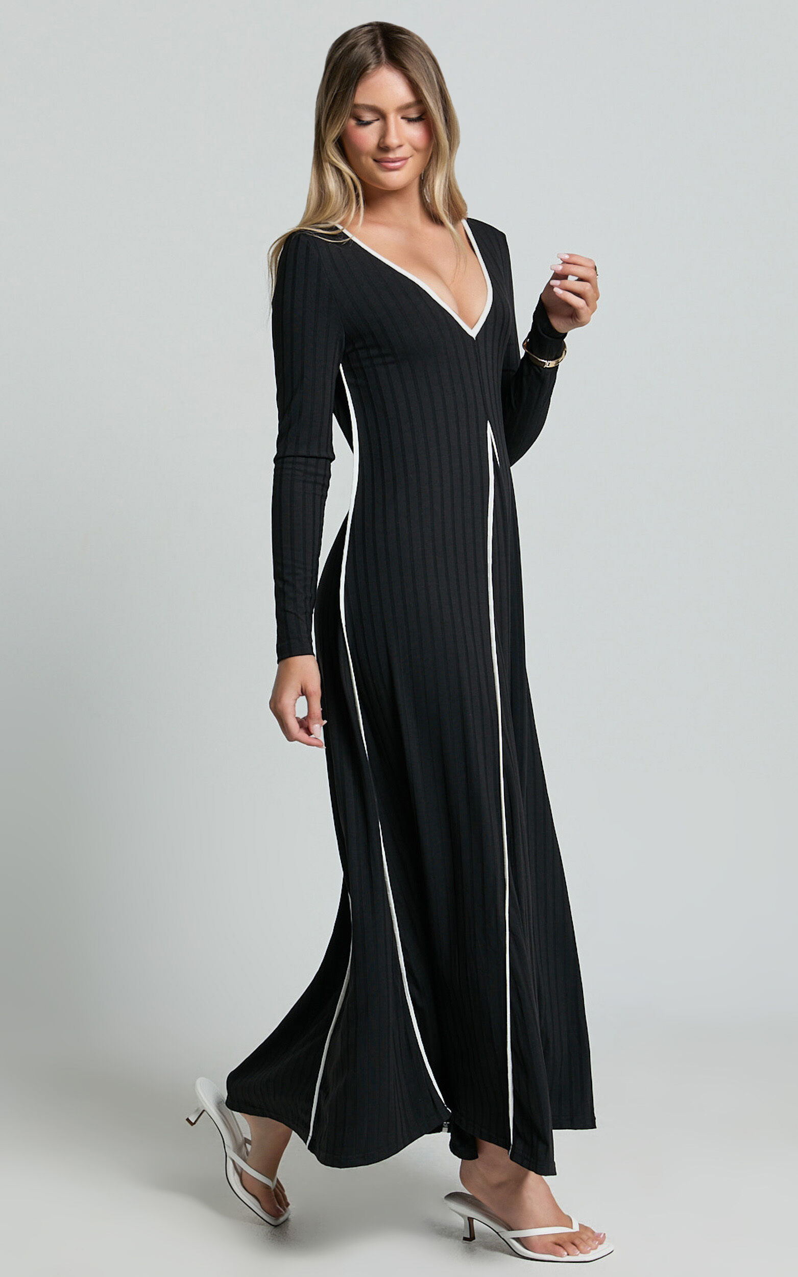 Margie Midi Dress - Long Sleeve Contrast Bind Ribbed Dress in Black