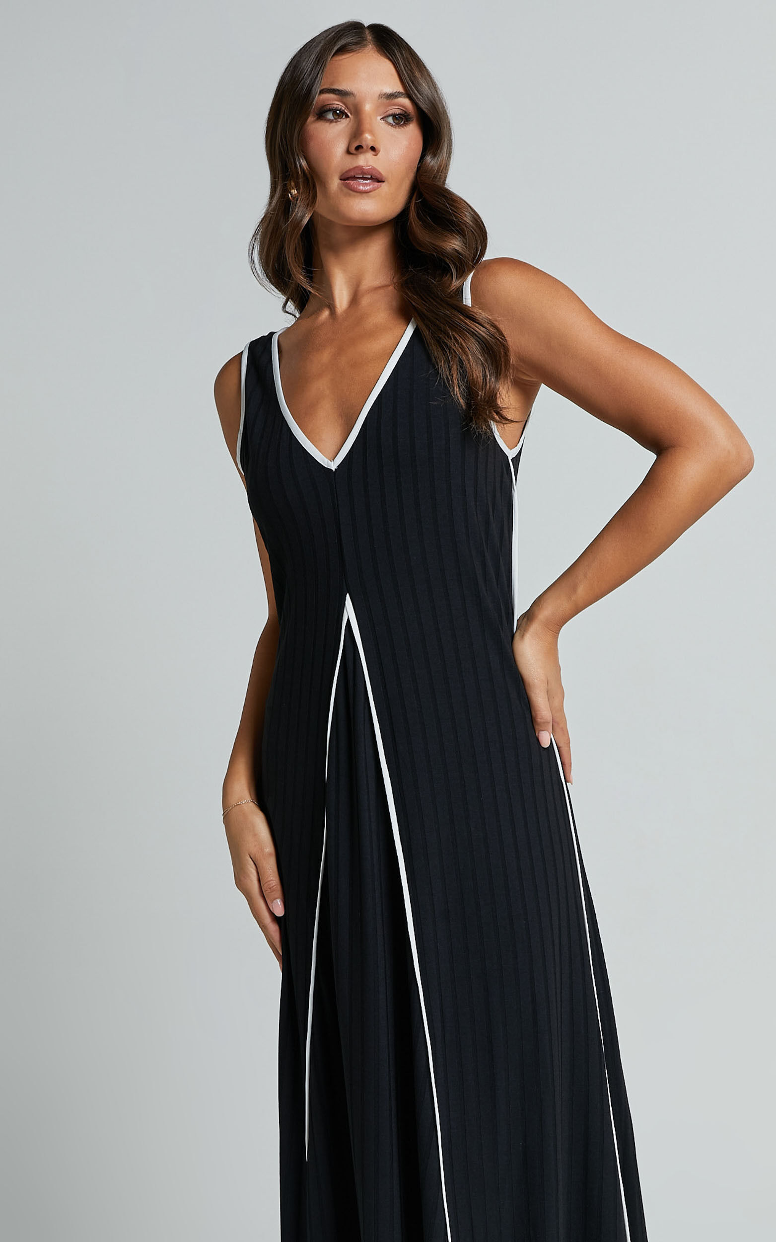 Cathleen Midi Dress - Ribbed Sleeveless Low Back Dress in Black