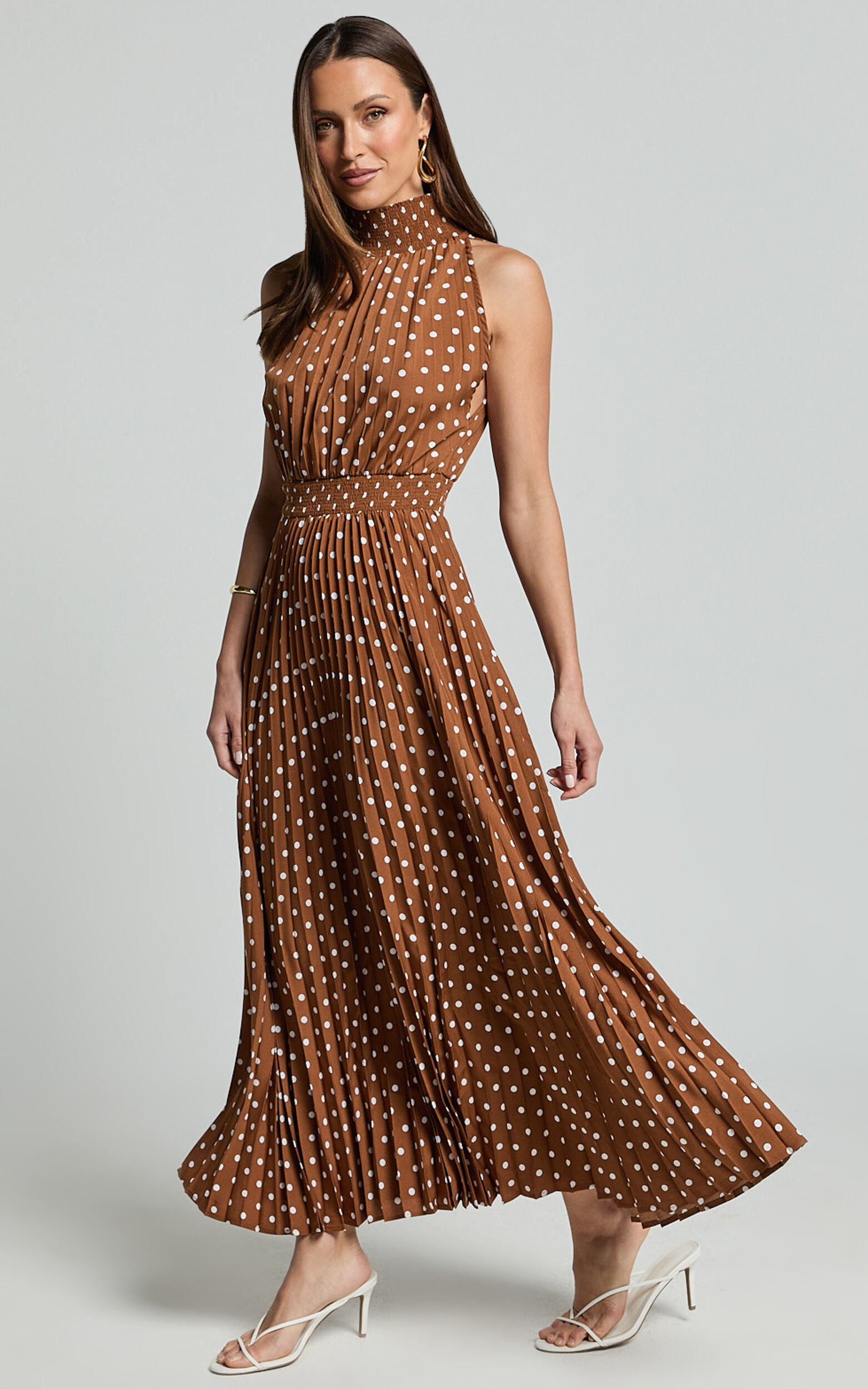 Jacynthia Midi Dress - Pleated High Neck Dress in Chocolate/White