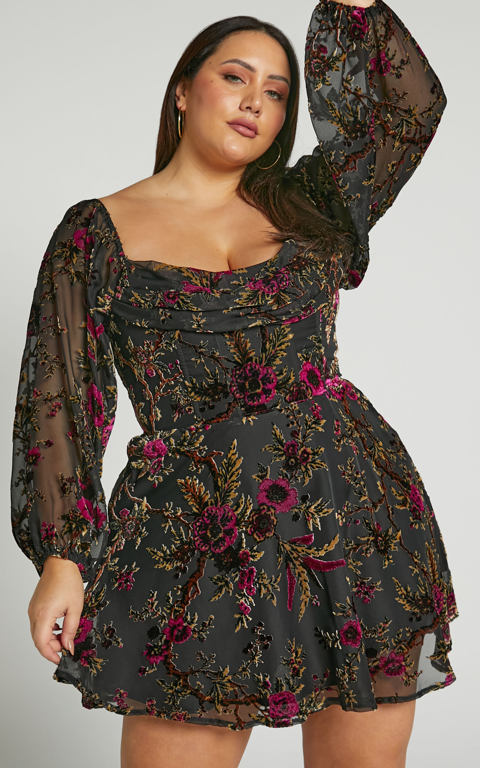 Jessell Mini Dress - Long Sleeve Cowl Corset Dress in Black Floral
