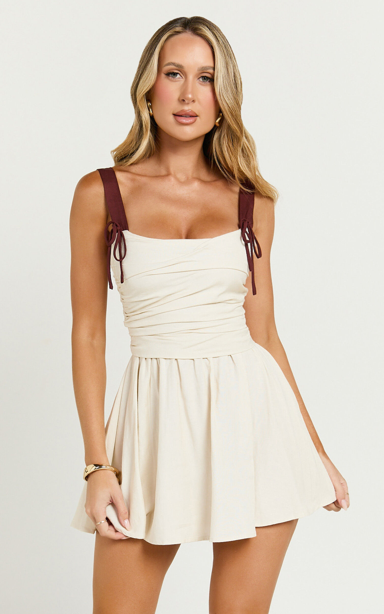 Tommy Mini Dress - Linen Ruched Bodice Laced Back Gathered Skirt Dress in Cream