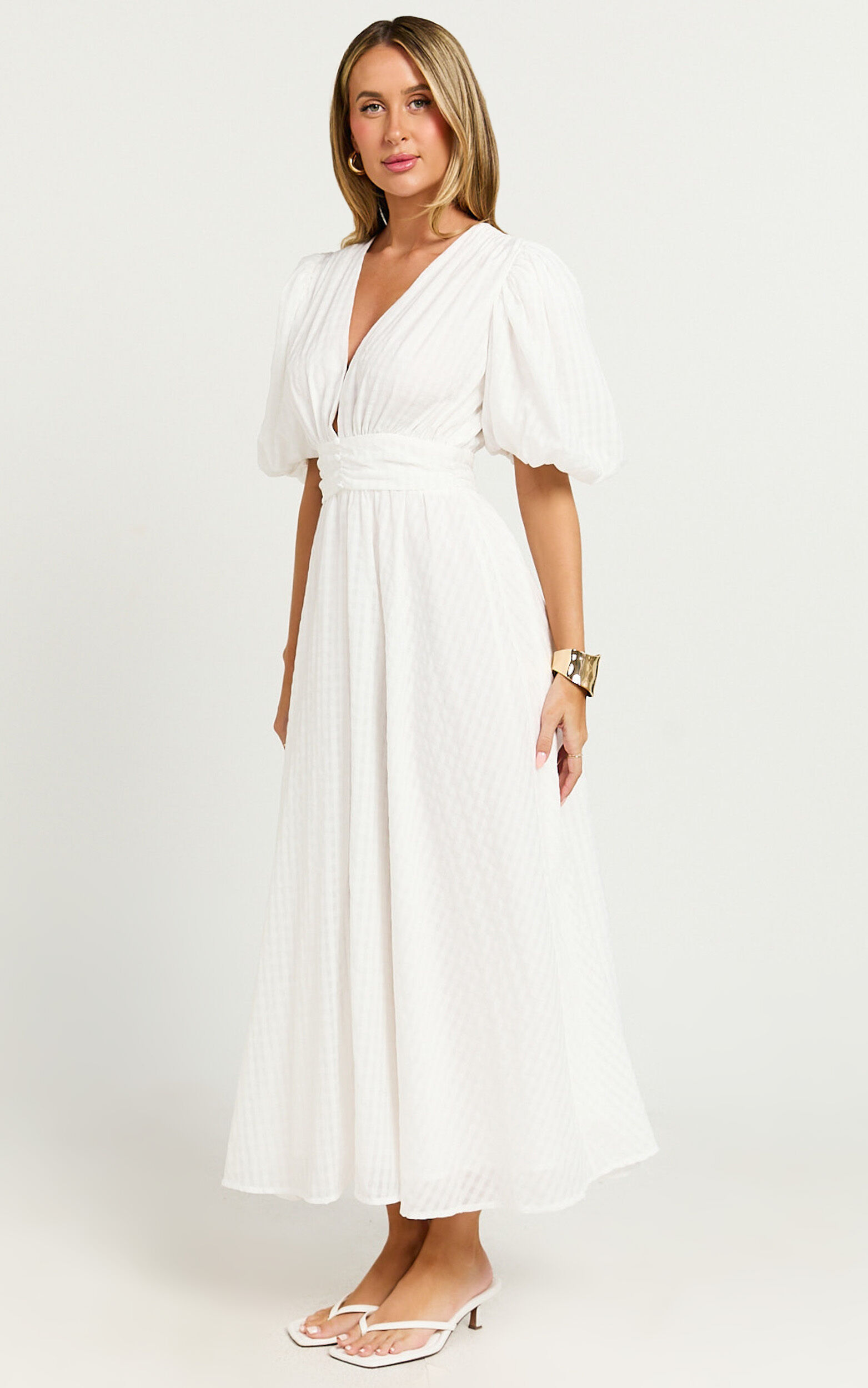 Xandy Midi Dress - Textured Puff Sleeve Plunge Dress in White