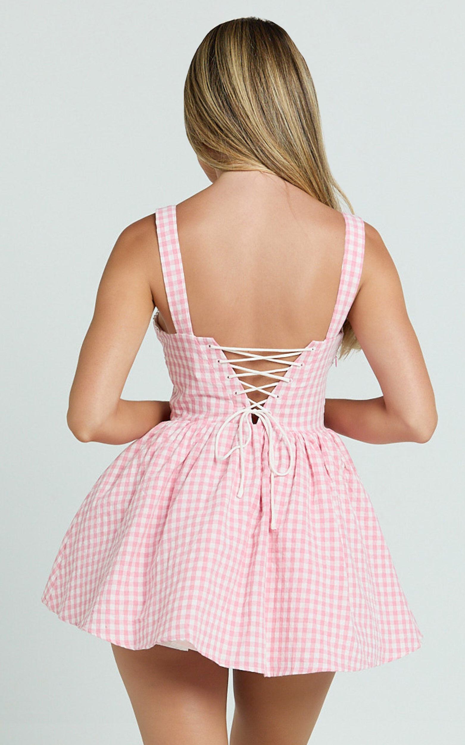 Caitlin Mini Dress - Gingham Square Neck Fit And Flare Dress in Pink
