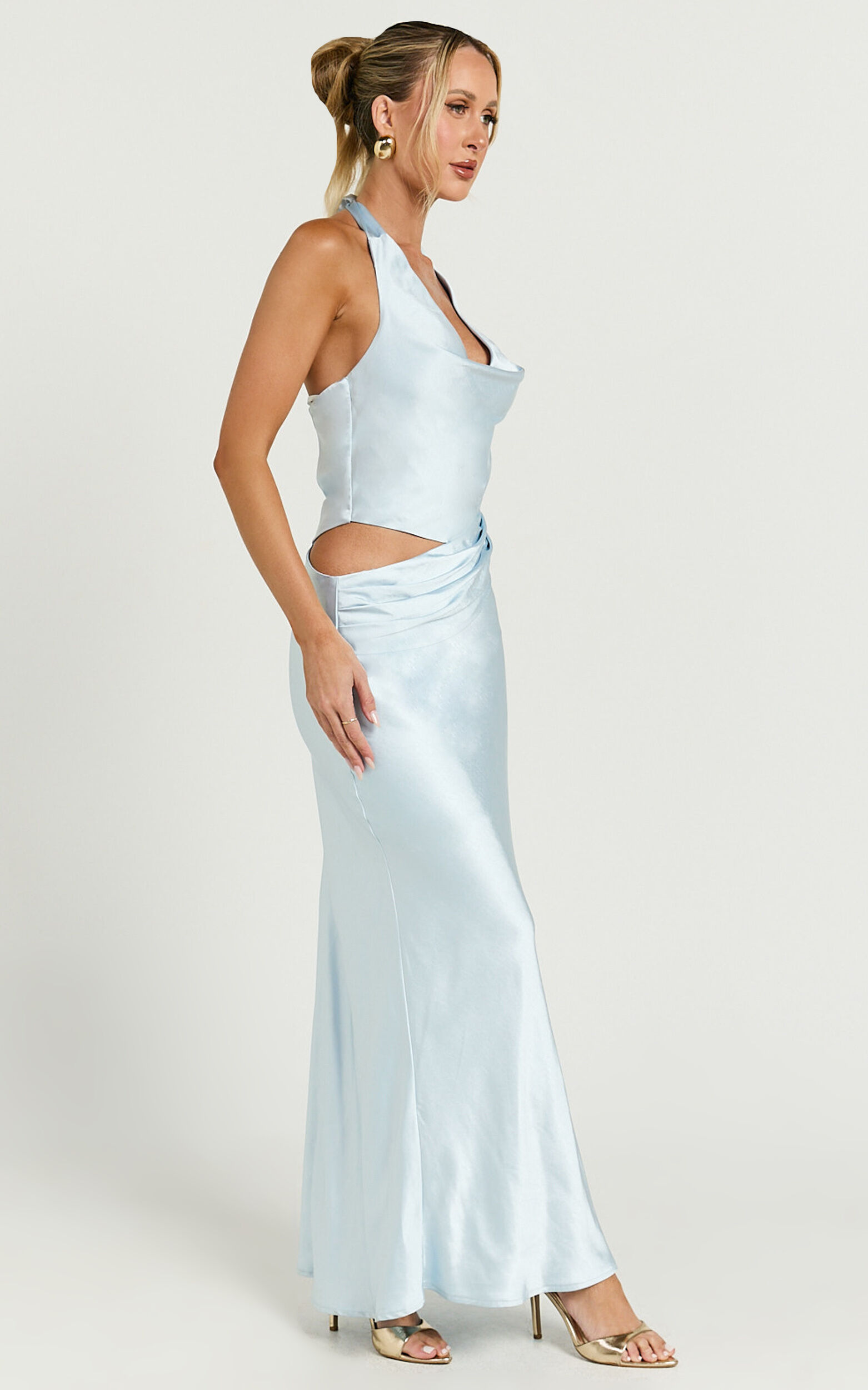 Berna Midi Dress - Cowl Neck Satin Slip Dress with Cut Out Detail in Light Blue