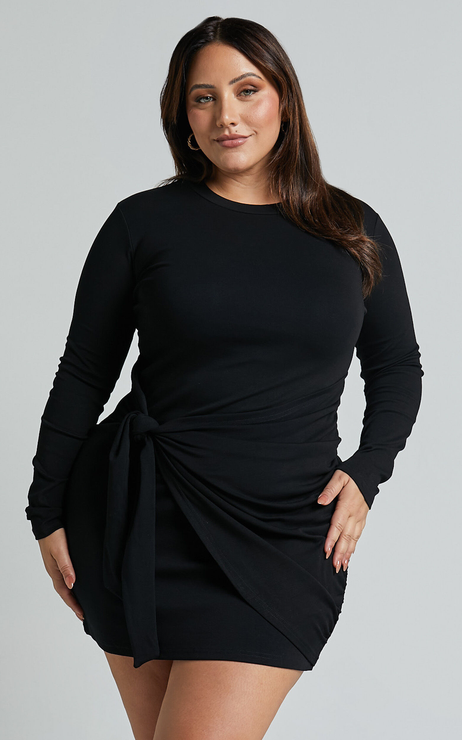 Marleen Mini Dress - Wrap Front Long Sleeve Bodycon Dress in Black