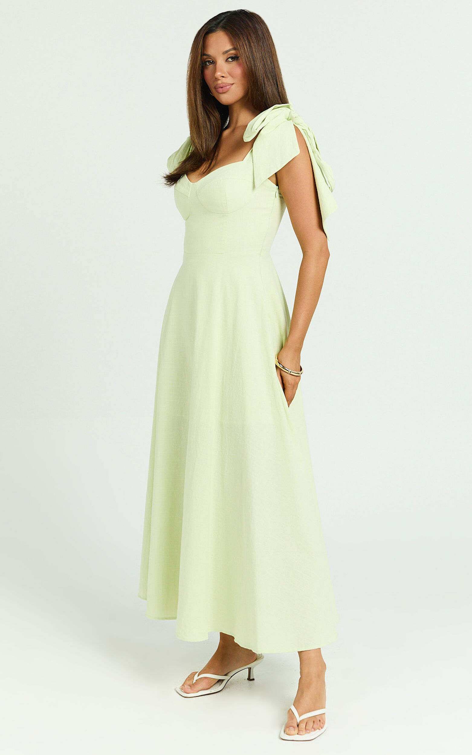 Tymia Midi Dress - Shoulder Tie Bustier Shirred Back A Line in Celery