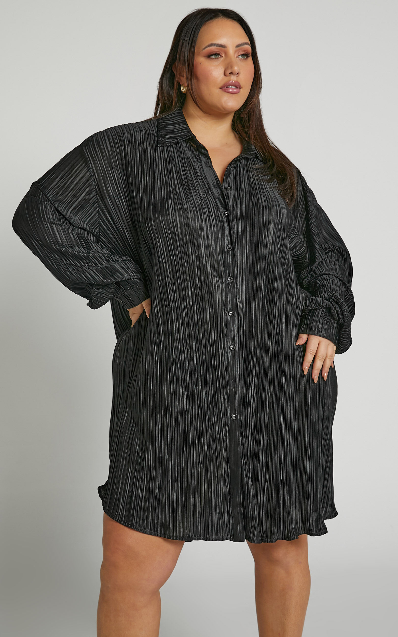 Beca Mini Dress - Crinkle Button Up Shirt Dress in Black