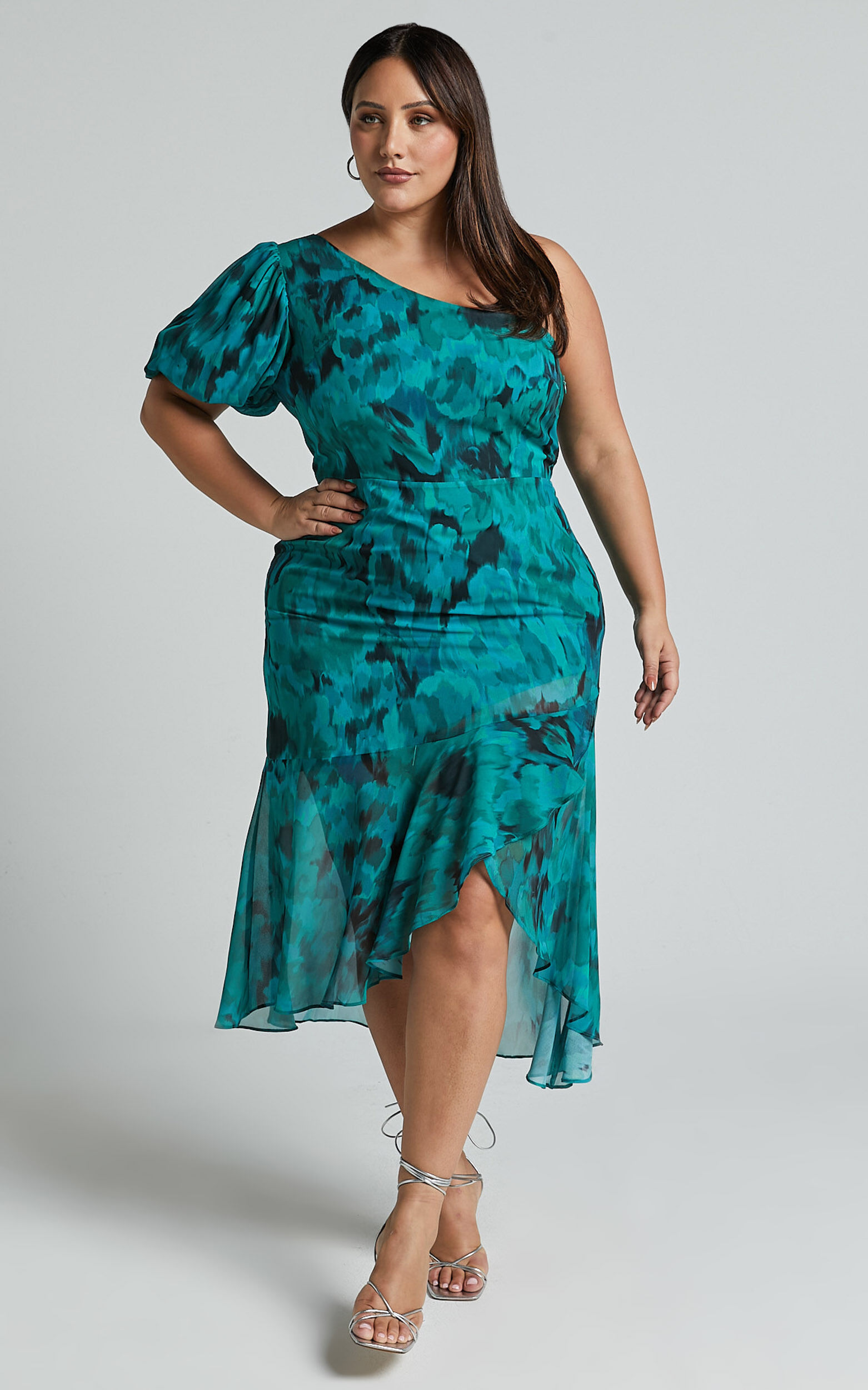 Clabelle Midi Dress - One Shoulder Ruffle Tulip Hem Dress in Emerald Blur Floral