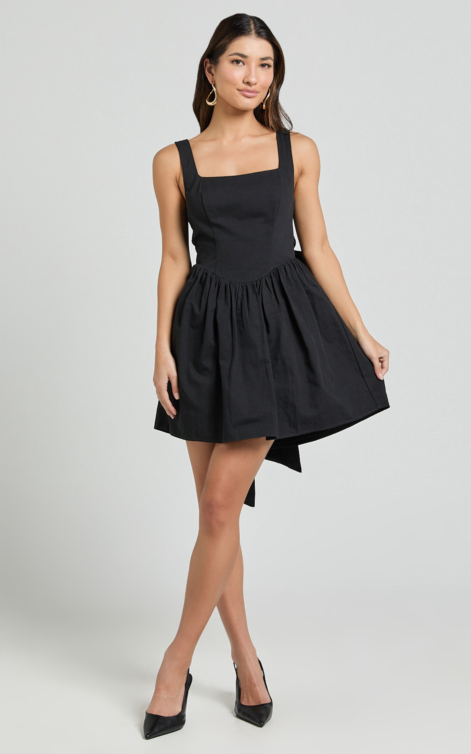 Vanny Mini Dress - Square Neck Tie Back Dress in Black