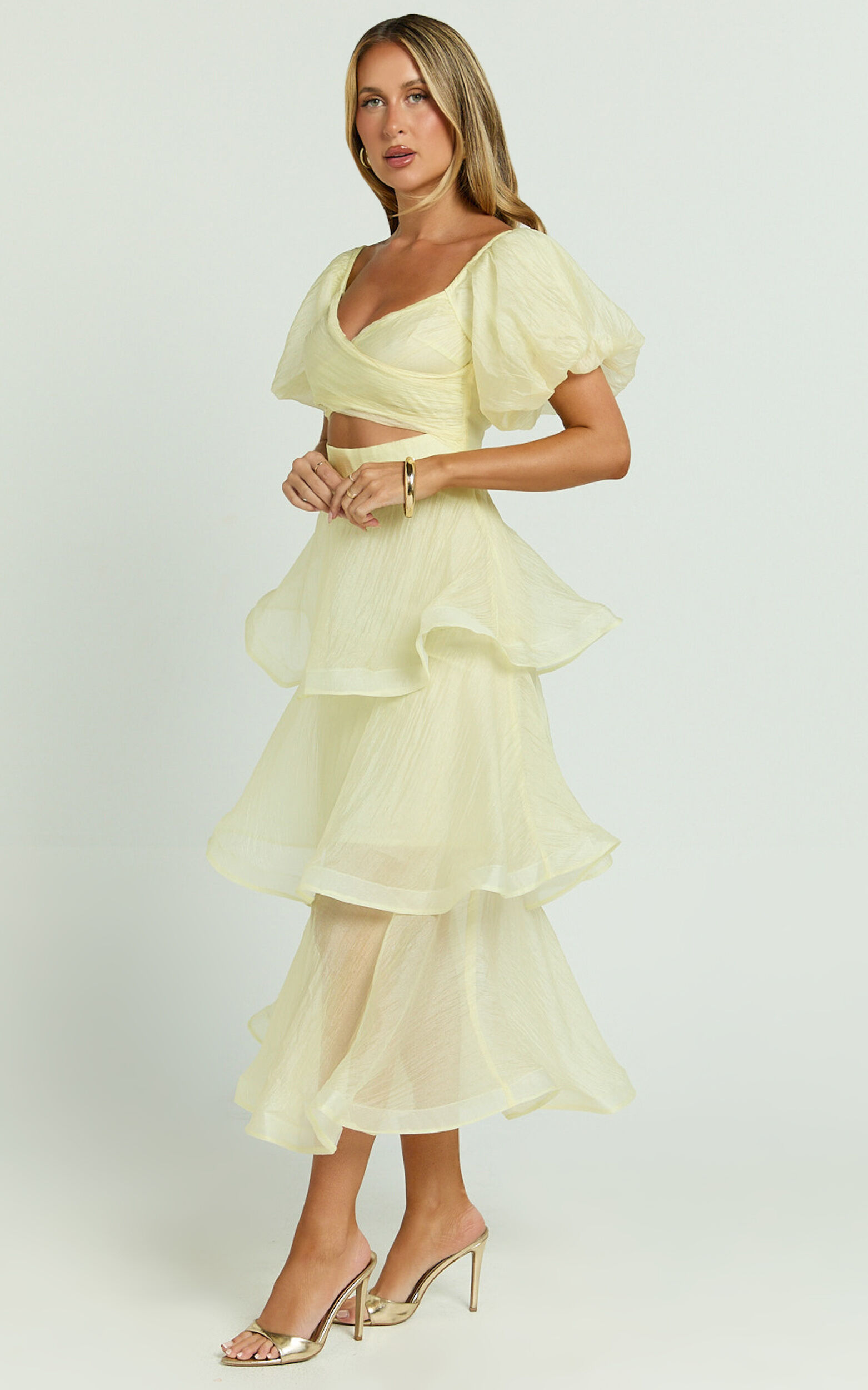 Giselle Midi Dress - Short Puff Sleeve Front Cut Out Layered Dress in Lemon