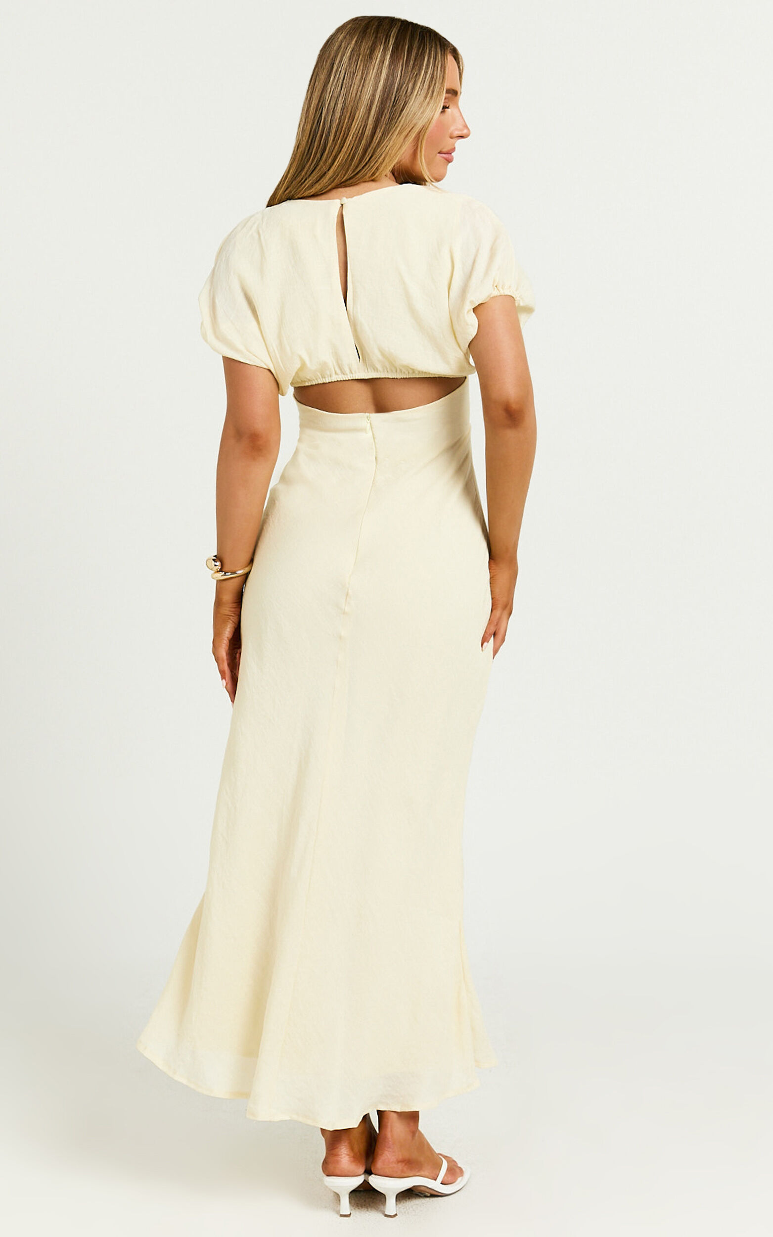 Desiree Midi Dress - V Neck Flutter Short Sleeve Slip Dress in Lemon