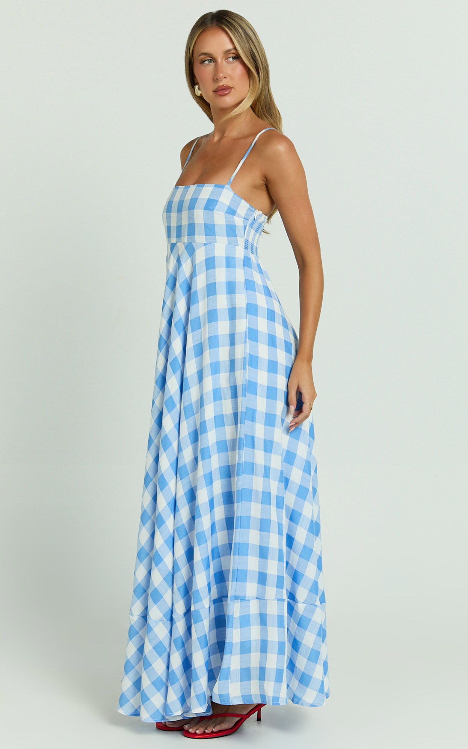 Katrien Maxi Dress - Strappy Empire Waist Flare Dress in Blue Check