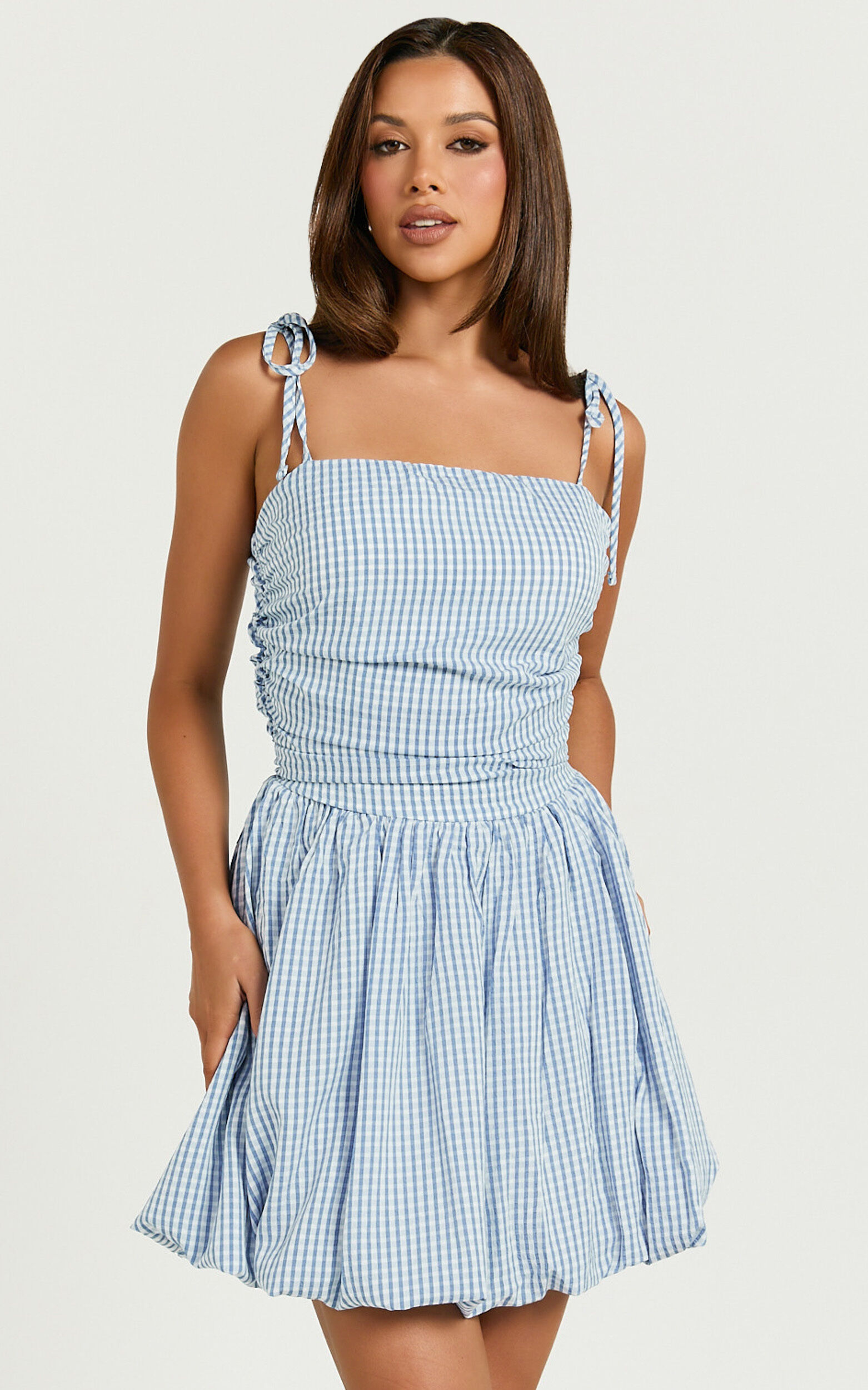 Miriam Mini Dress - Tie Straps Square Neck Mini Dress in Blue