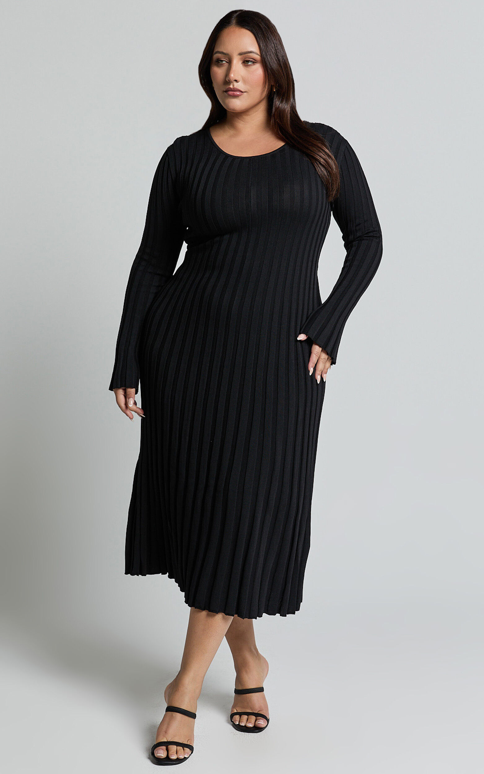 Blaire Midi Dress - Long Sleeve Tie Back Flare Dress in Black