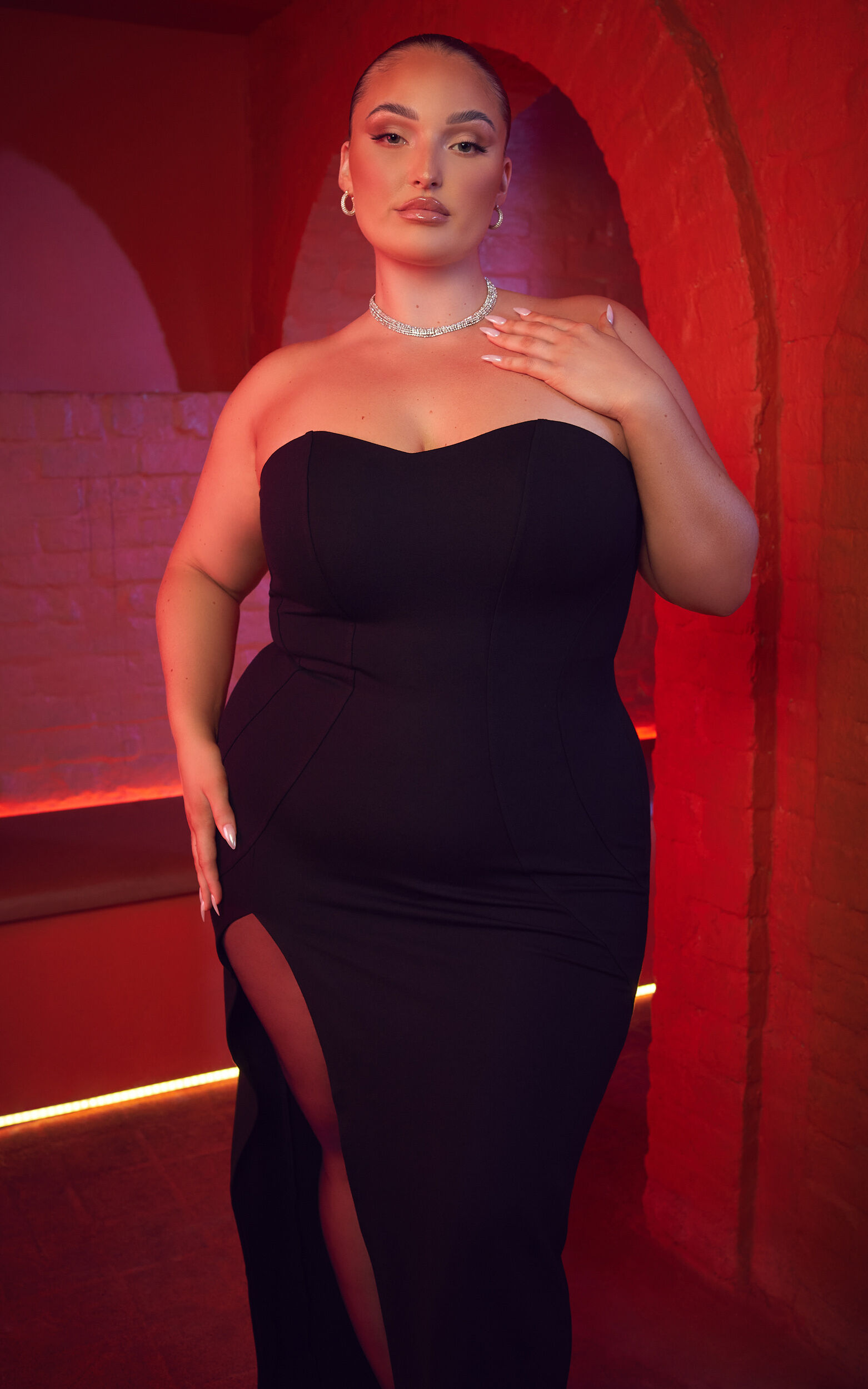 Oriella Maxi Dress - Panelled Thigh Split Strapless Dress in Black