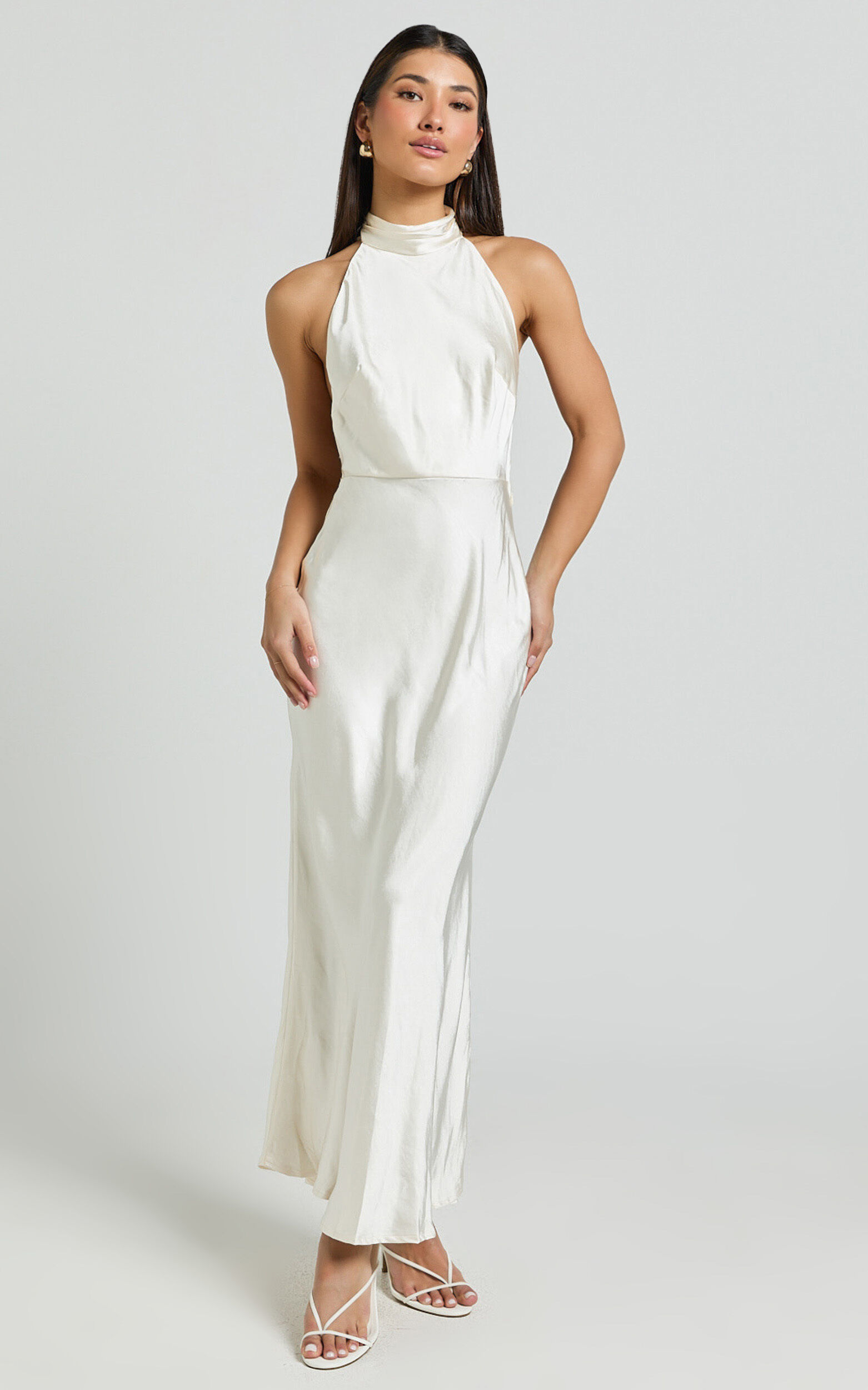 Cassie Midi Dress - High Neck Sleeveless Backless Slip Dress in Champagne