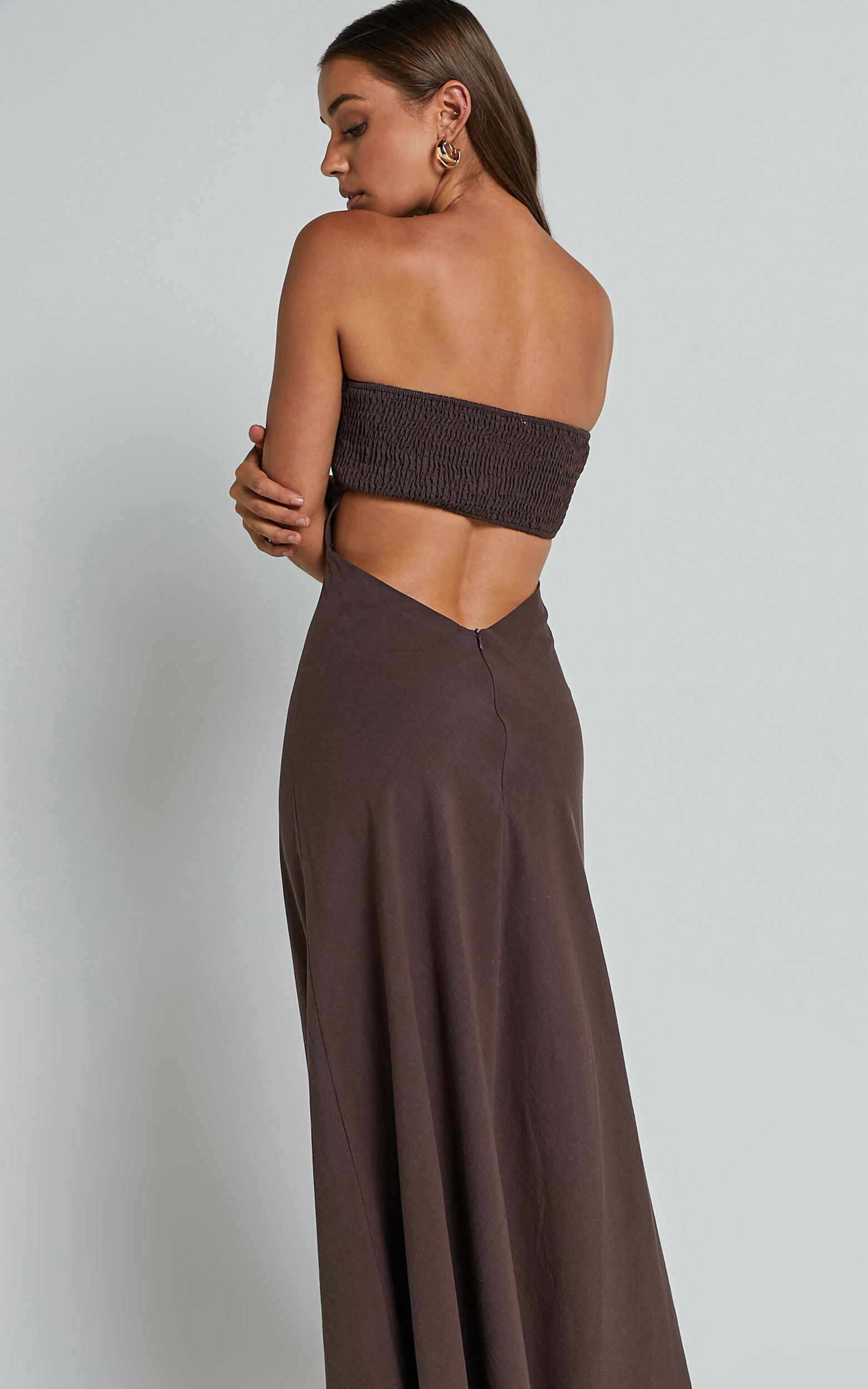Elerie Maxi Linen Dress - Strapless Linen Dress in Chocolate