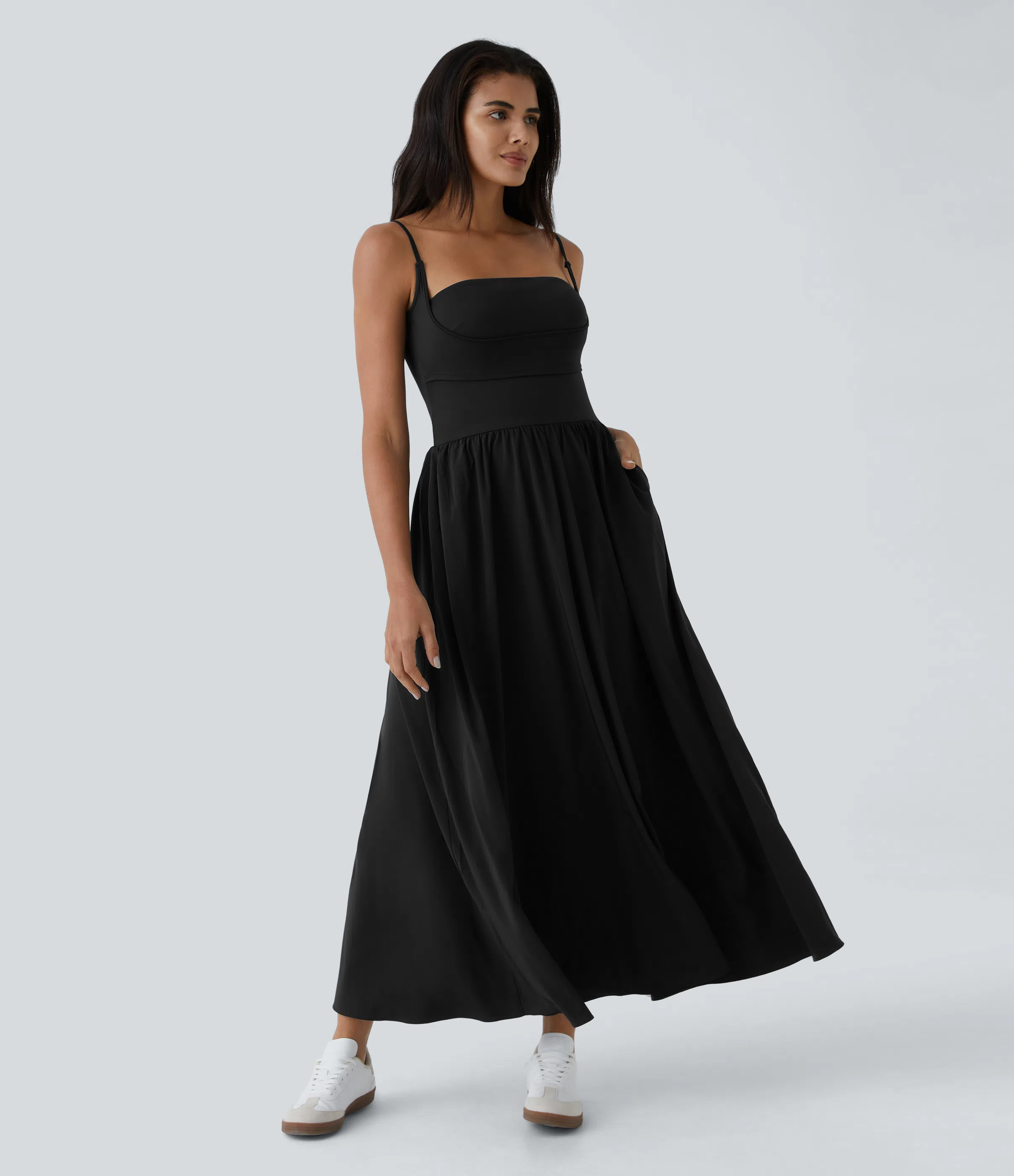 Backless Side Pocket Flowy Flare Maxi Quick Dry Casual Slip Dress