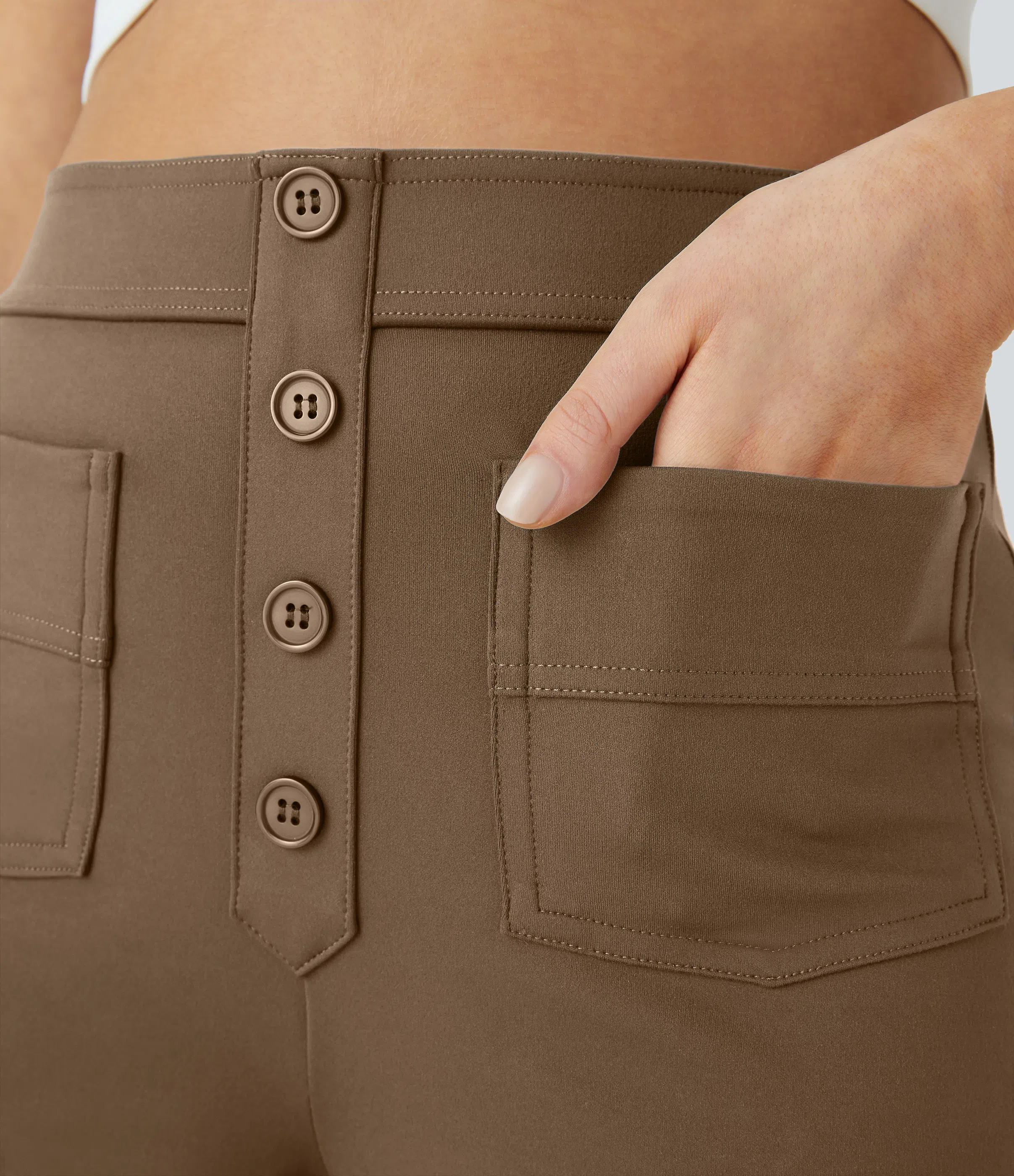 High Waisted Button Multiple Pockets Straight Leg Casual Pants