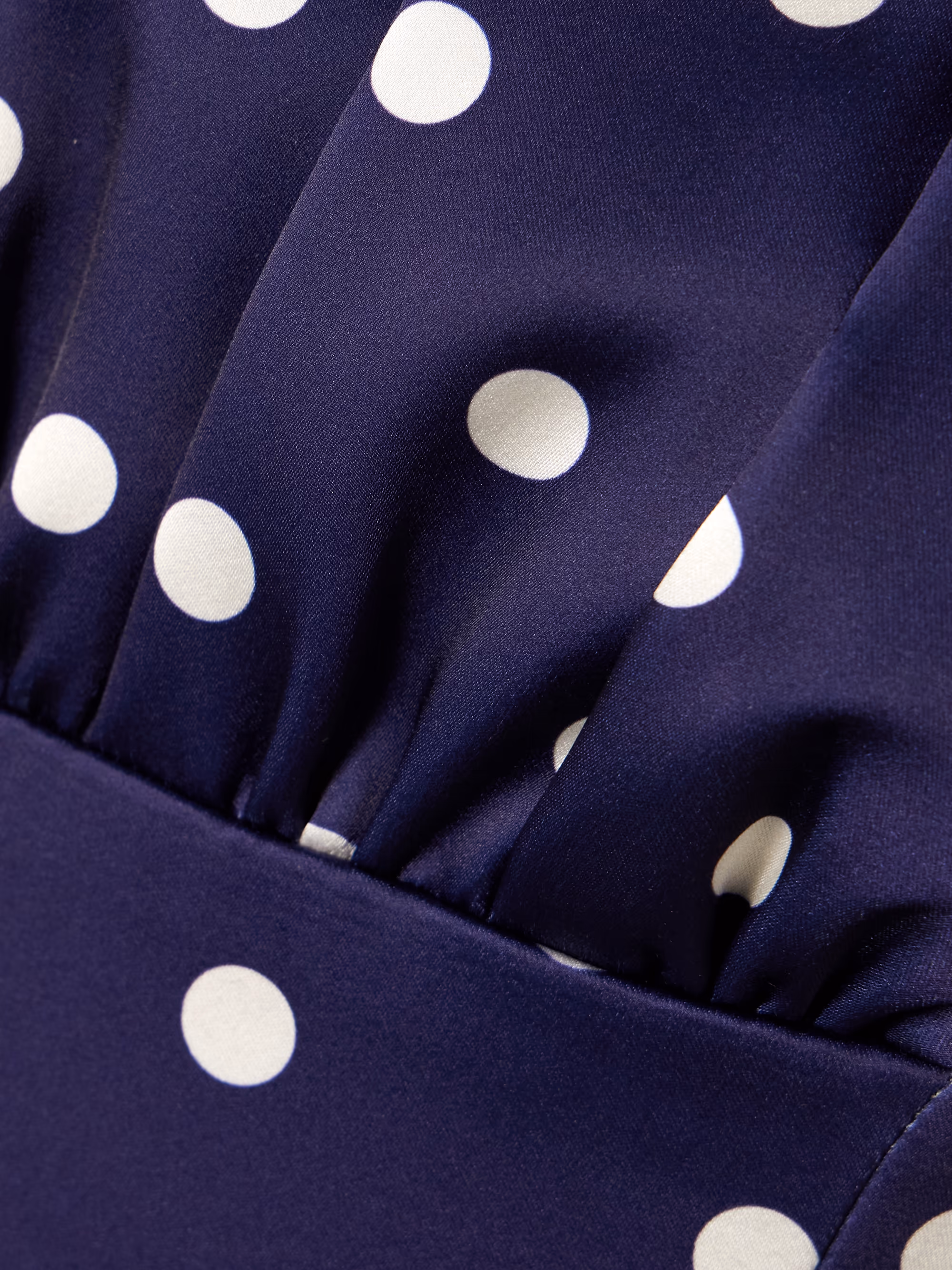 Strapless pleated polka-dot satin midi dress